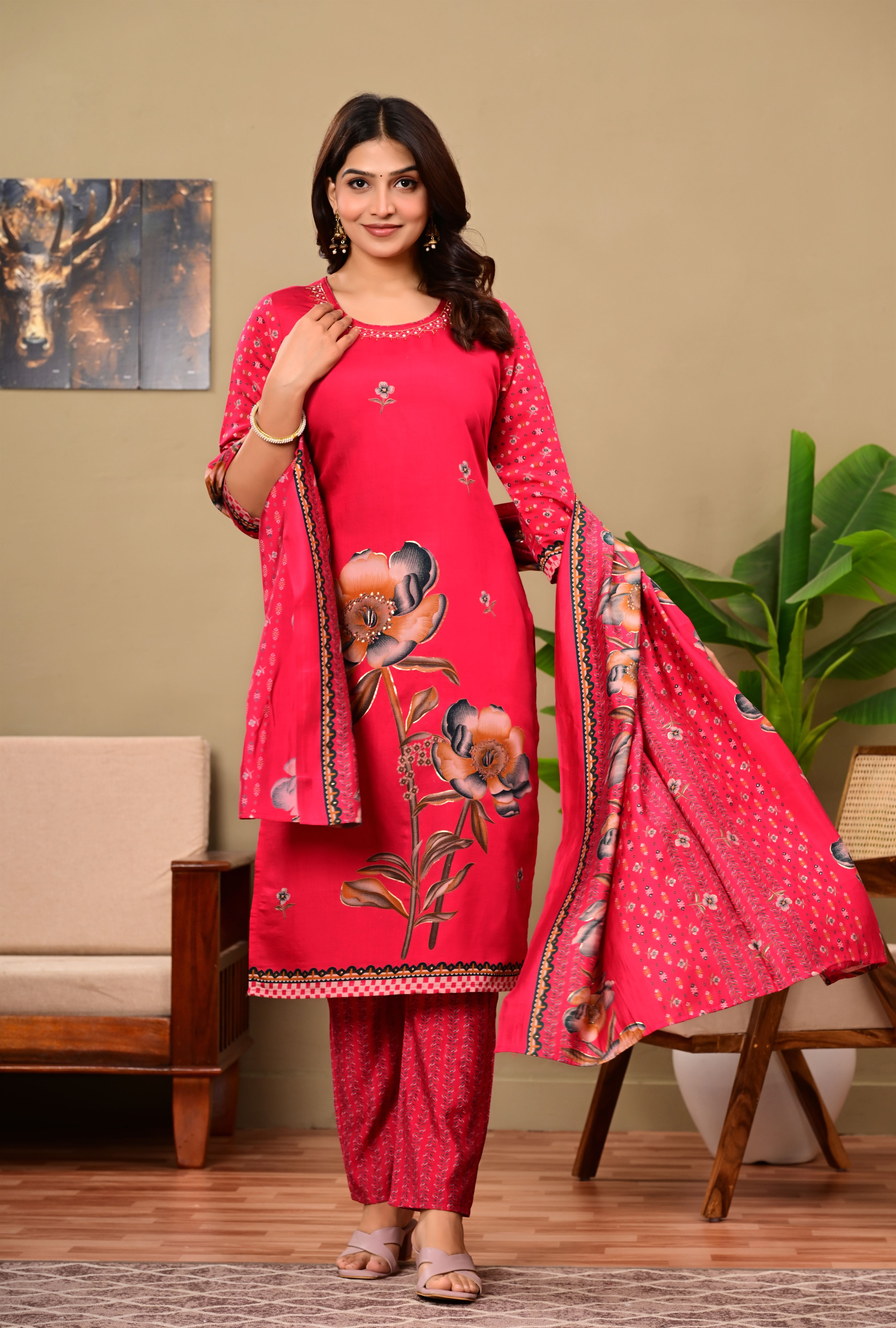 Adhaya Floral pink suit set with contrast dupatta