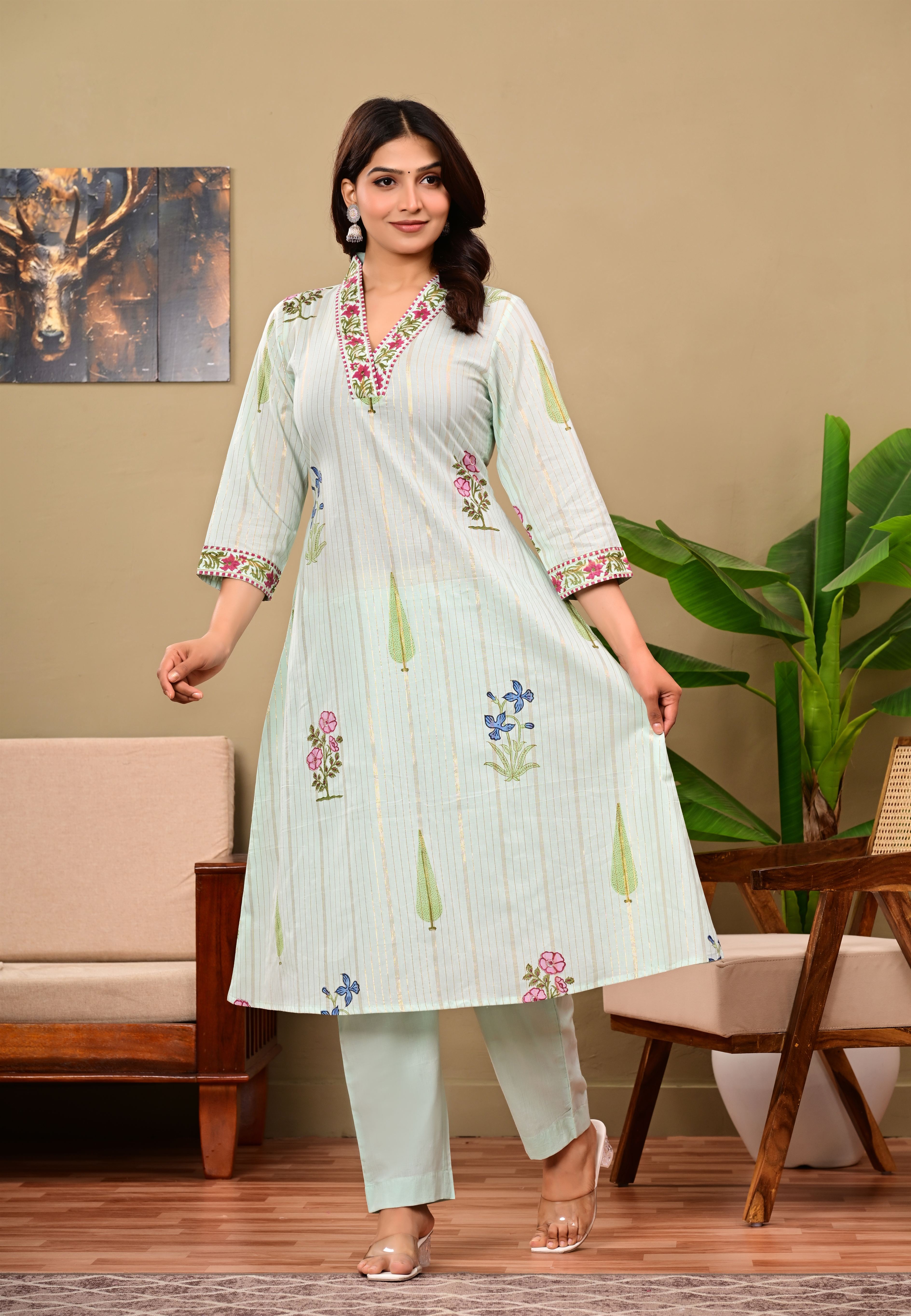 Chitra Blue Cotton Handblock suit set