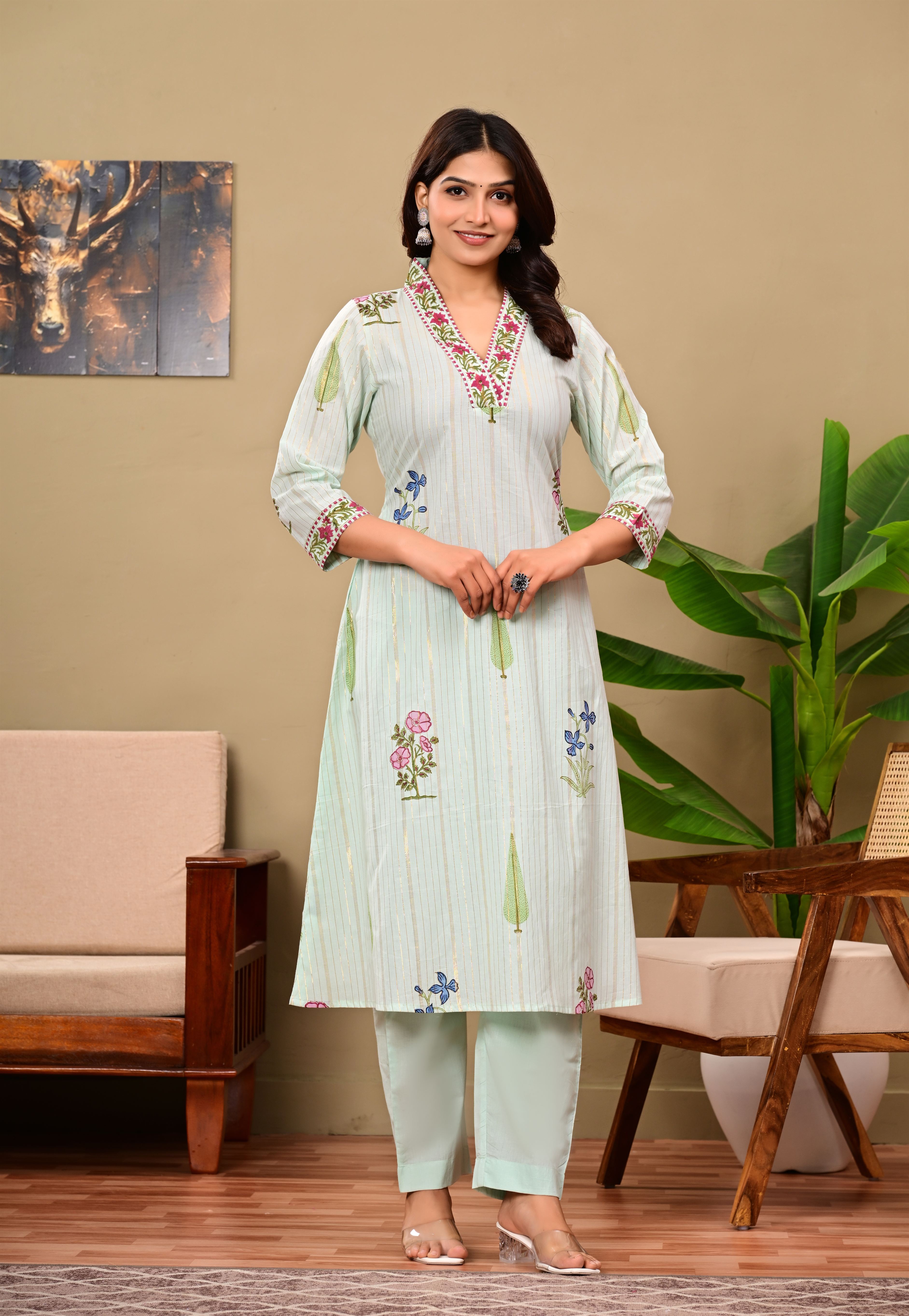 Chitra Blue Cotton Handblock suit set