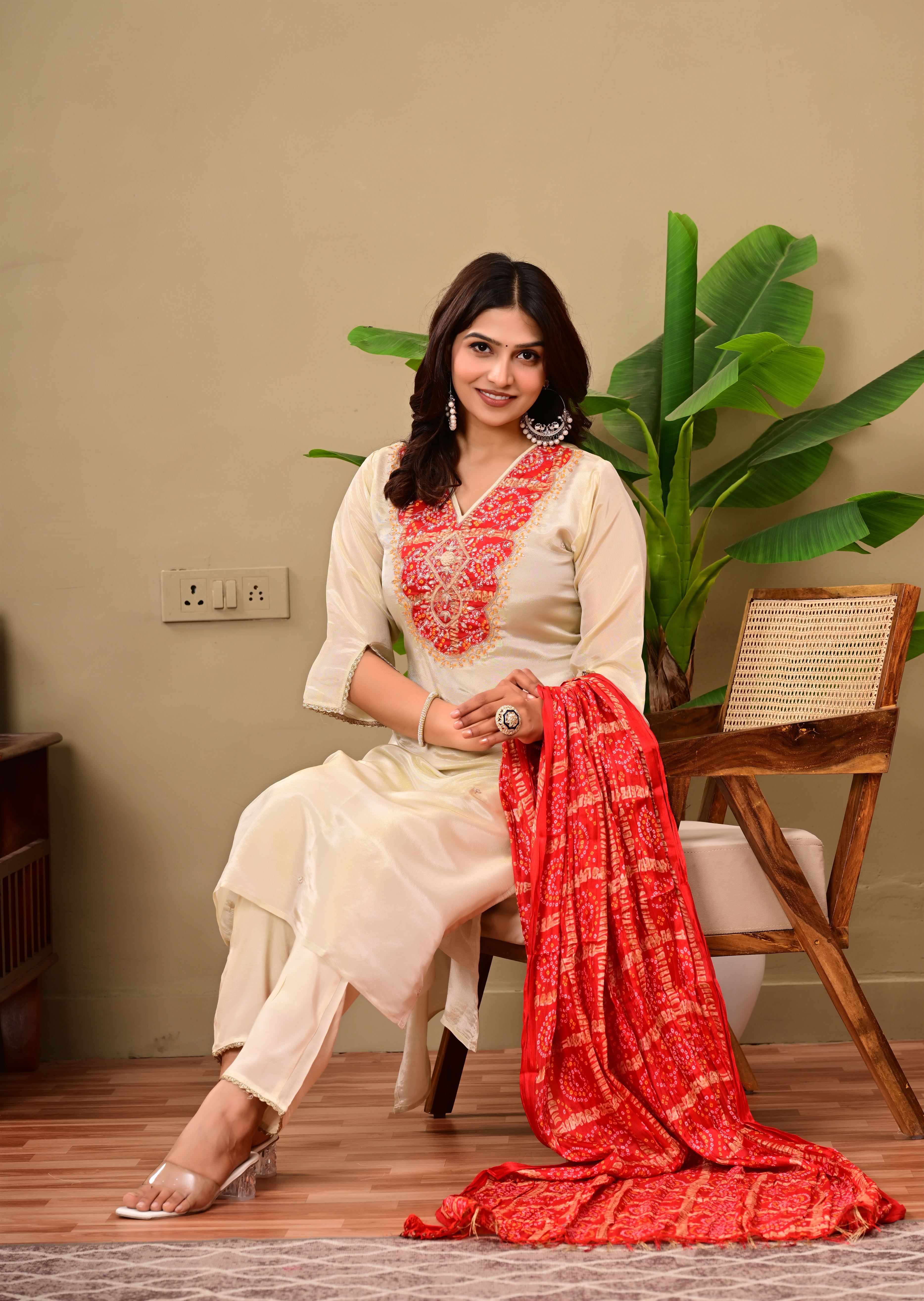 Beige suit with Jaipuri Bandhani dupatta