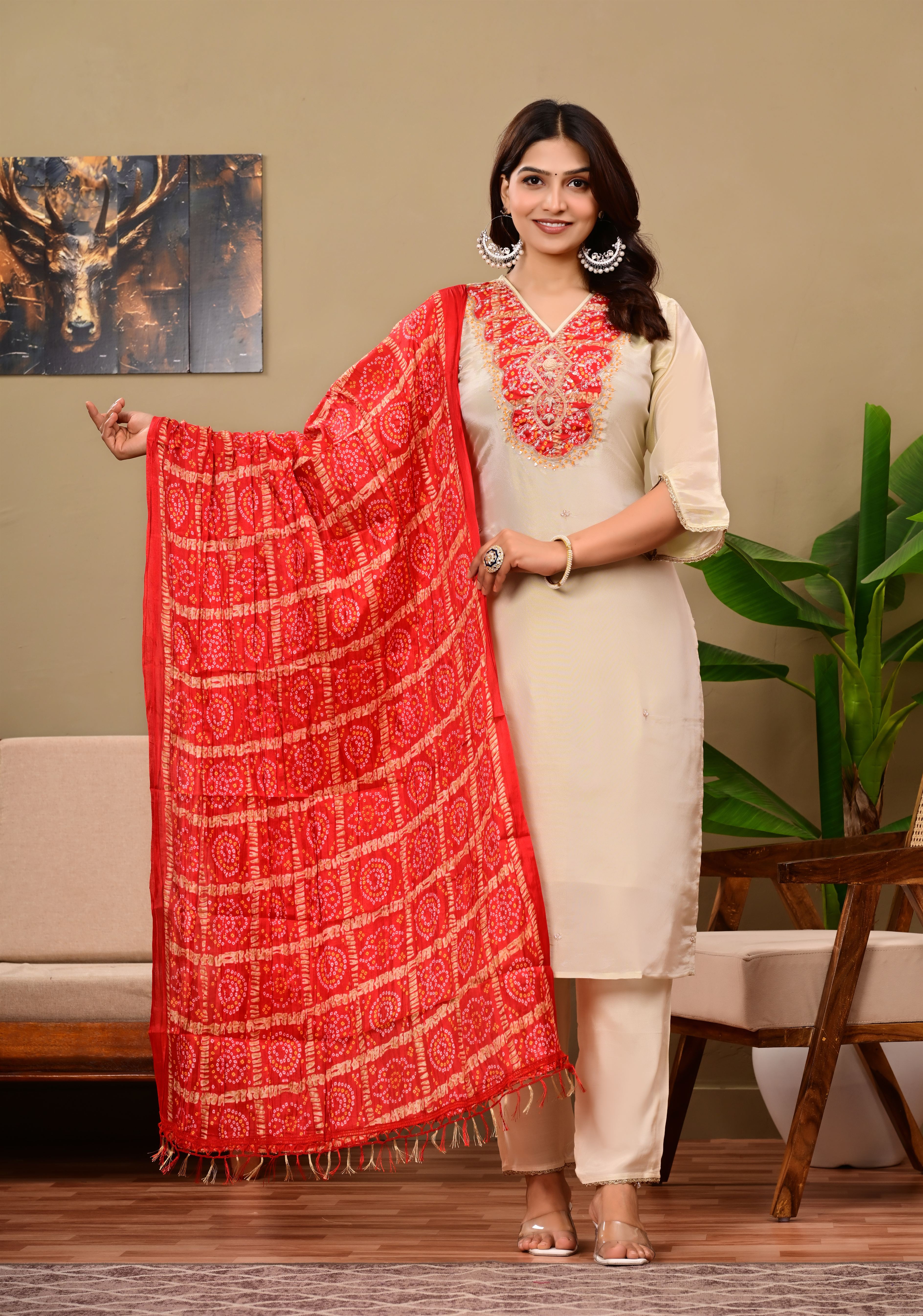 Beige suit with Jaipuri Bandhani dupatta