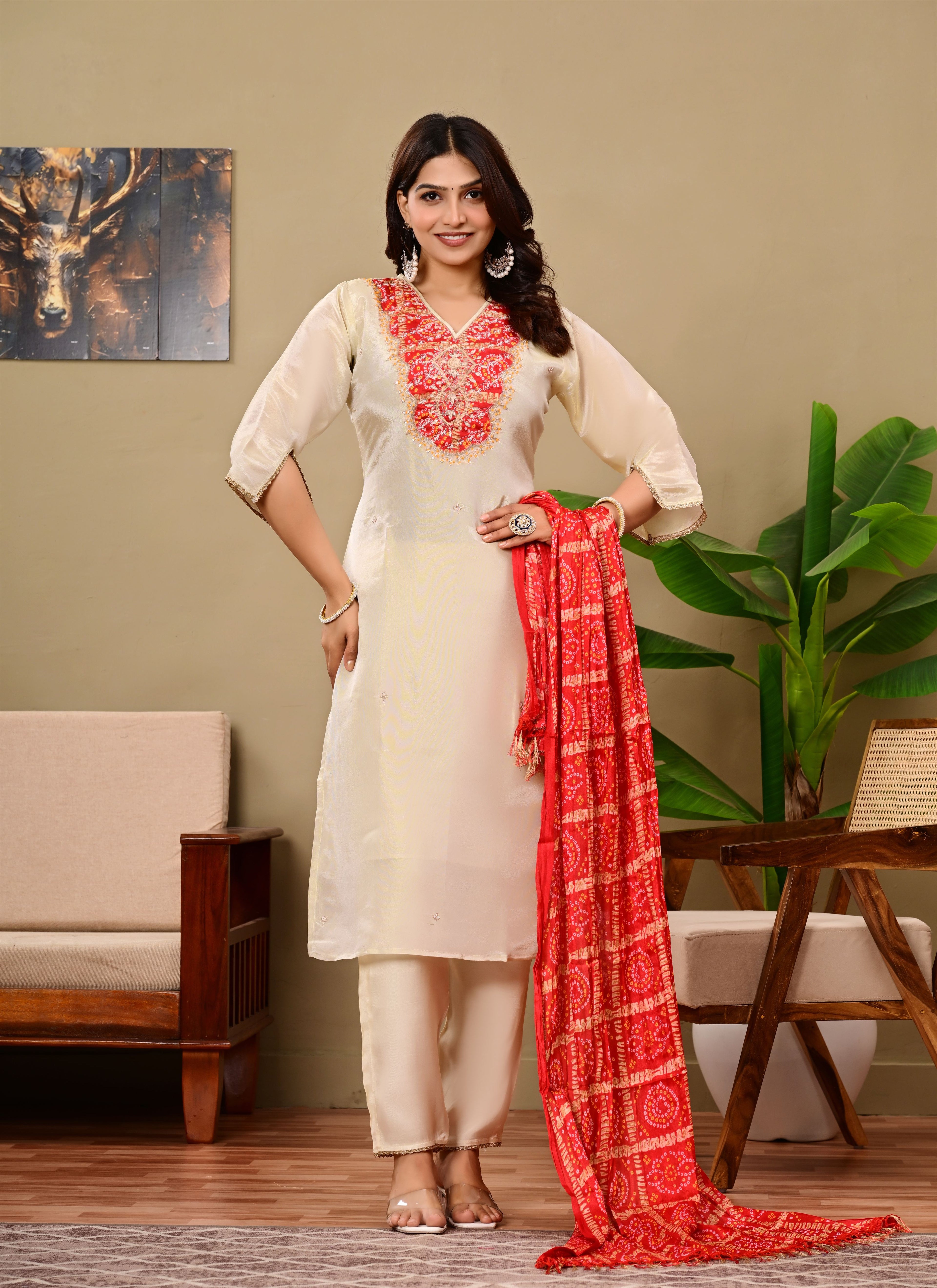 Beige suit with Jaipuri Bandhani dupatta