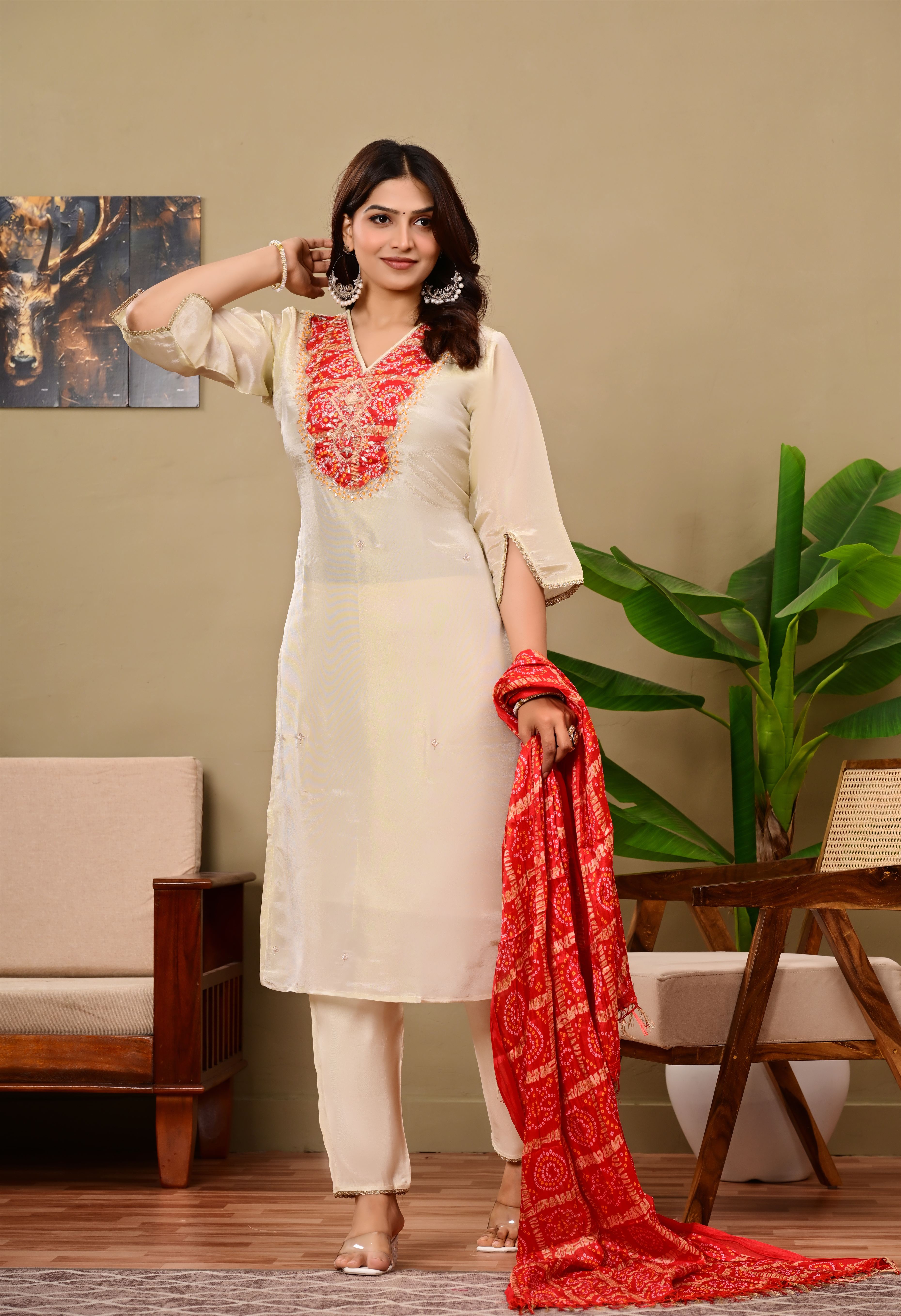 Beige suit with Jaipuri Bandhani dupatta