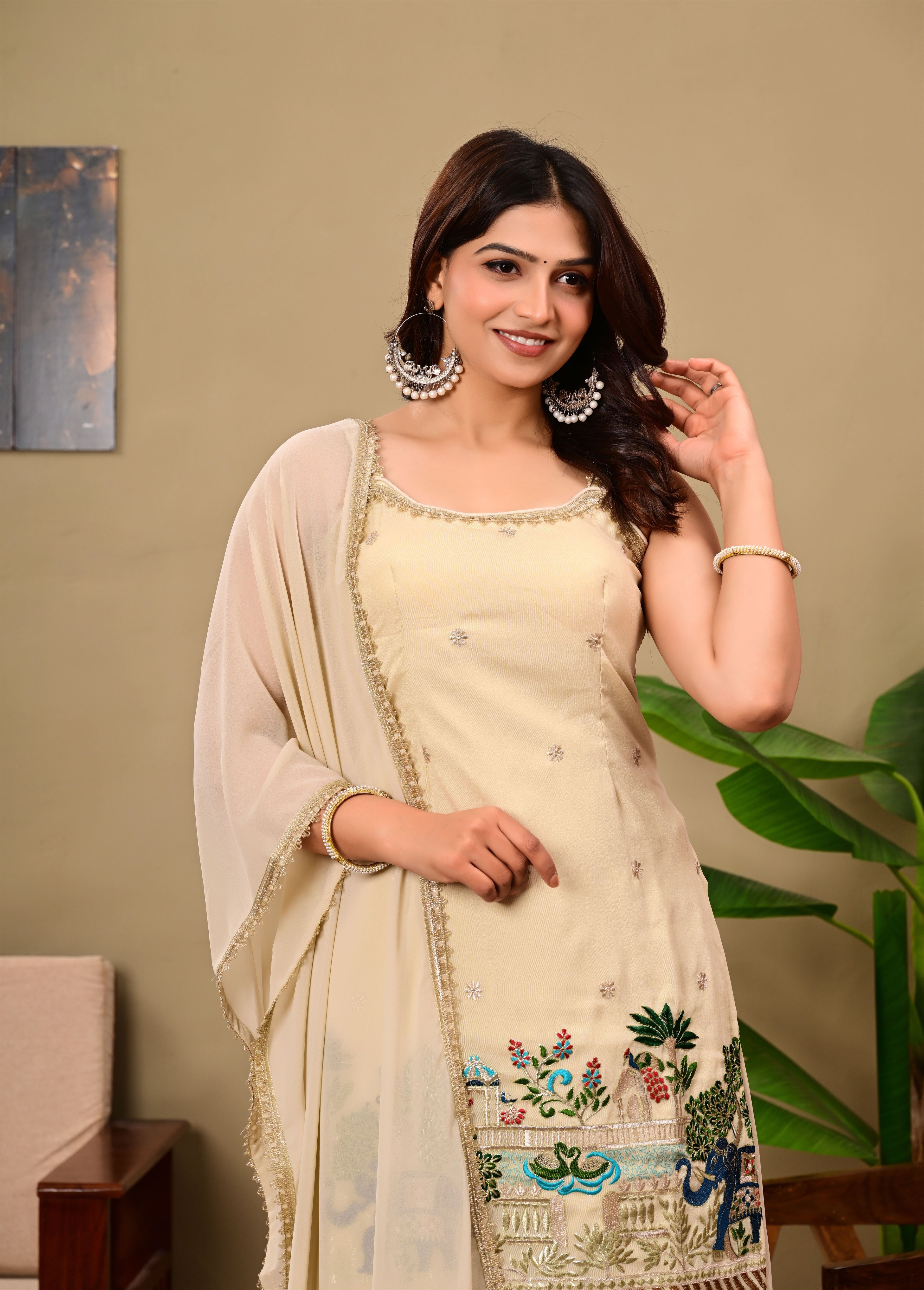 Beige Elephant Embroidered   sleeveless suit set