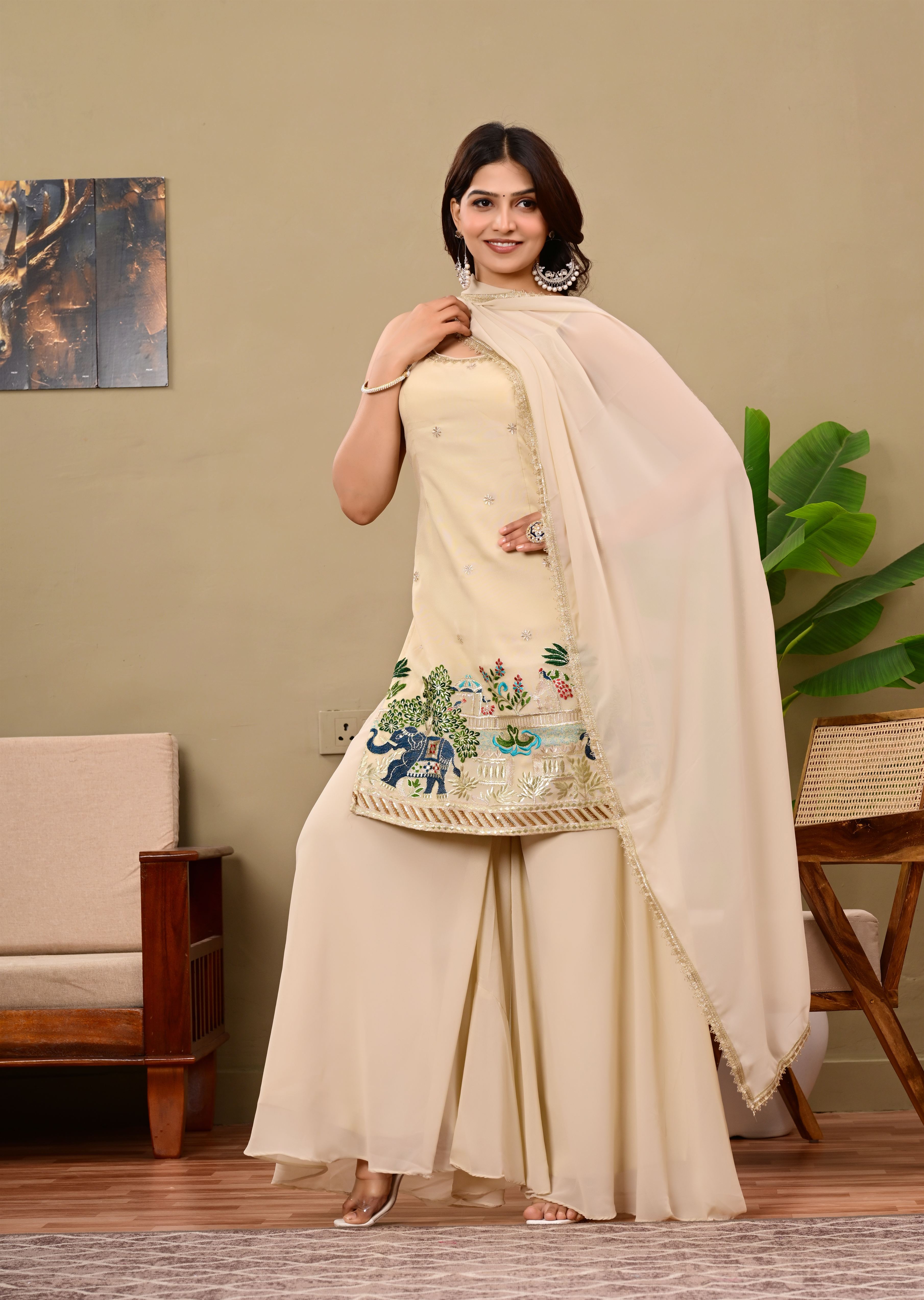 Beige Elephant Embroidered   sleeveless suit set