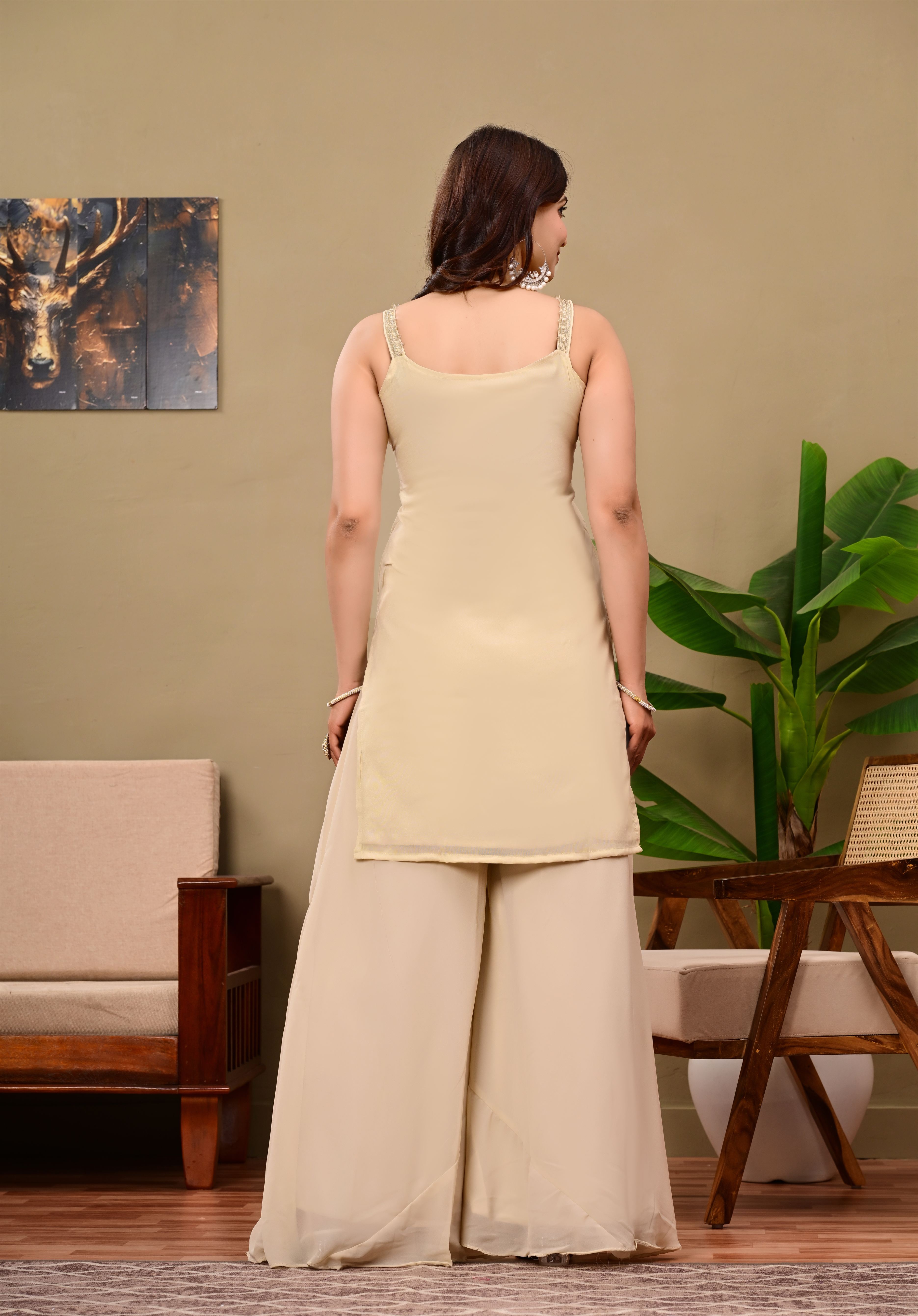 Beige Elephant Embroidered   sleeveless suit set