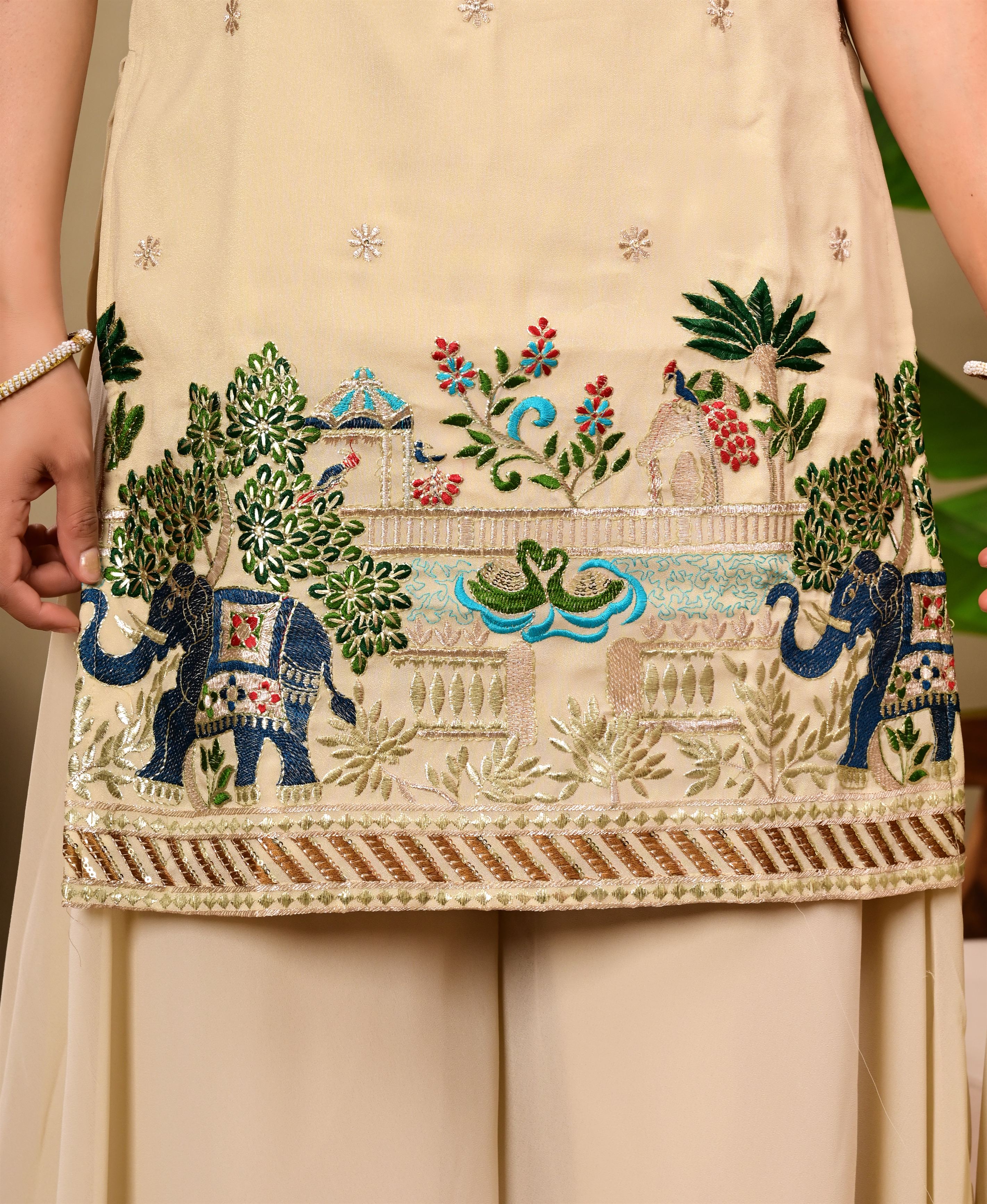 Beige Elephant Embroidered   sleeveless suit set