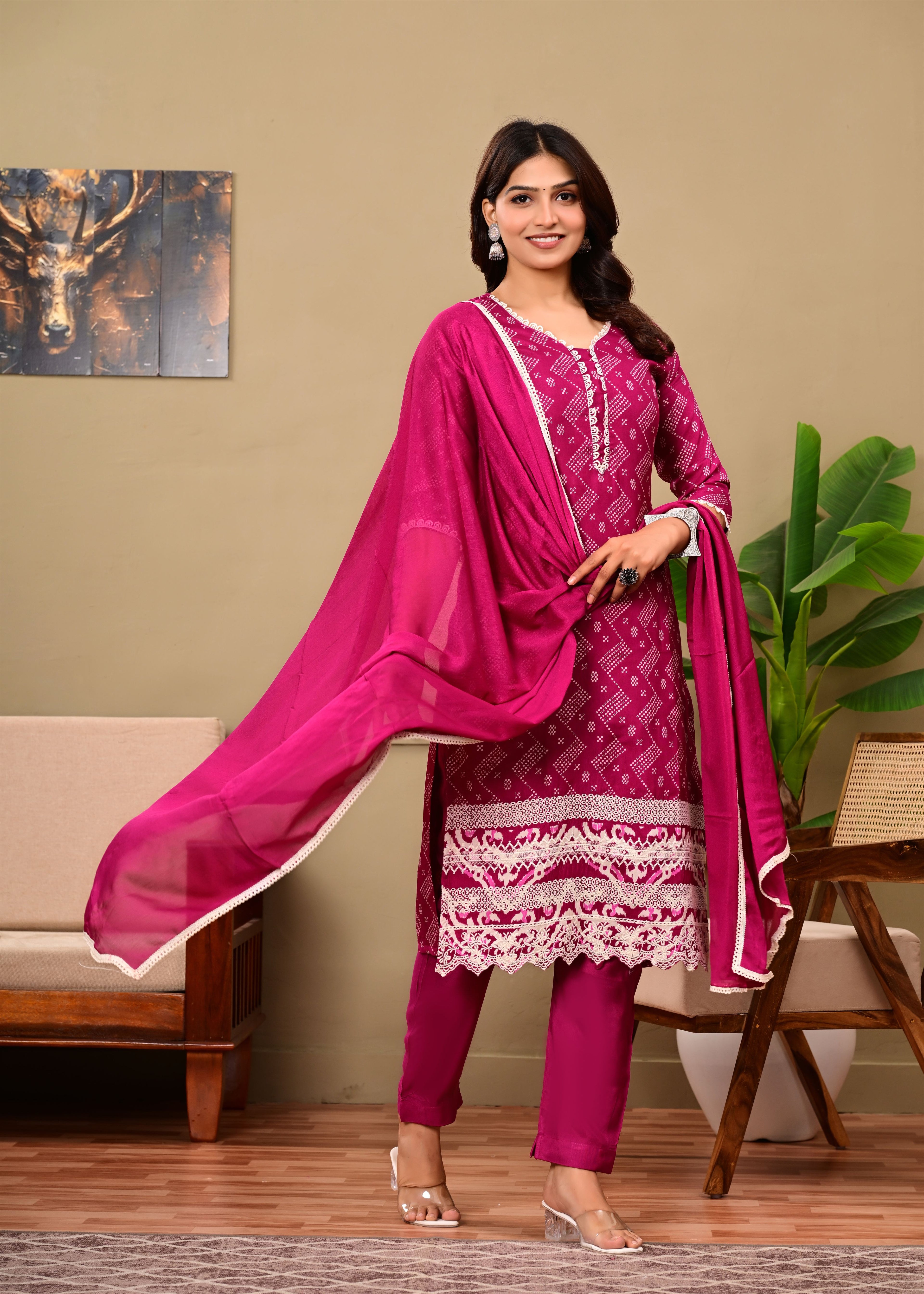Pink cotton suit set with white lace work