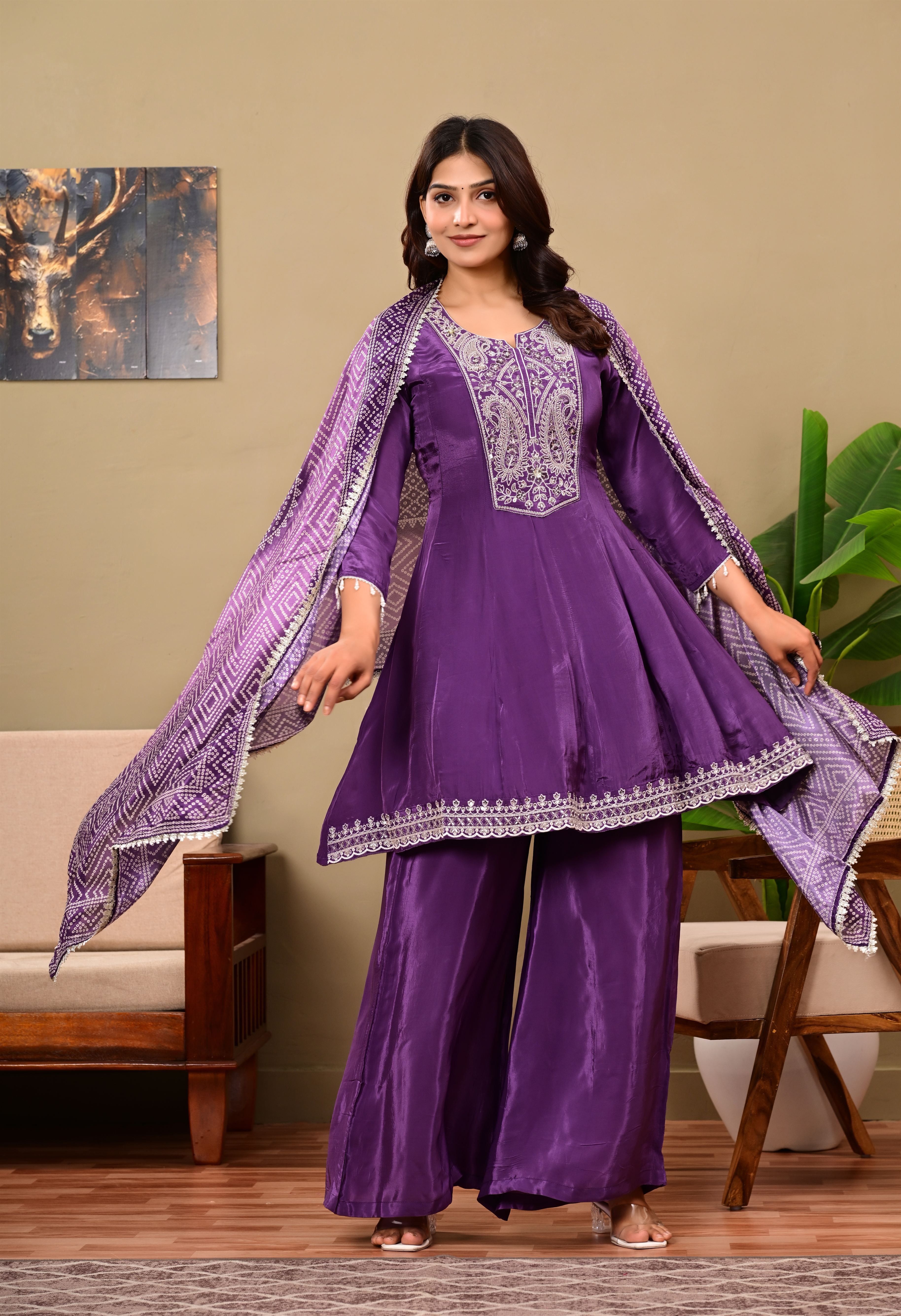Puple Crepe suit set with neckwork detailing and bandhani dupatta