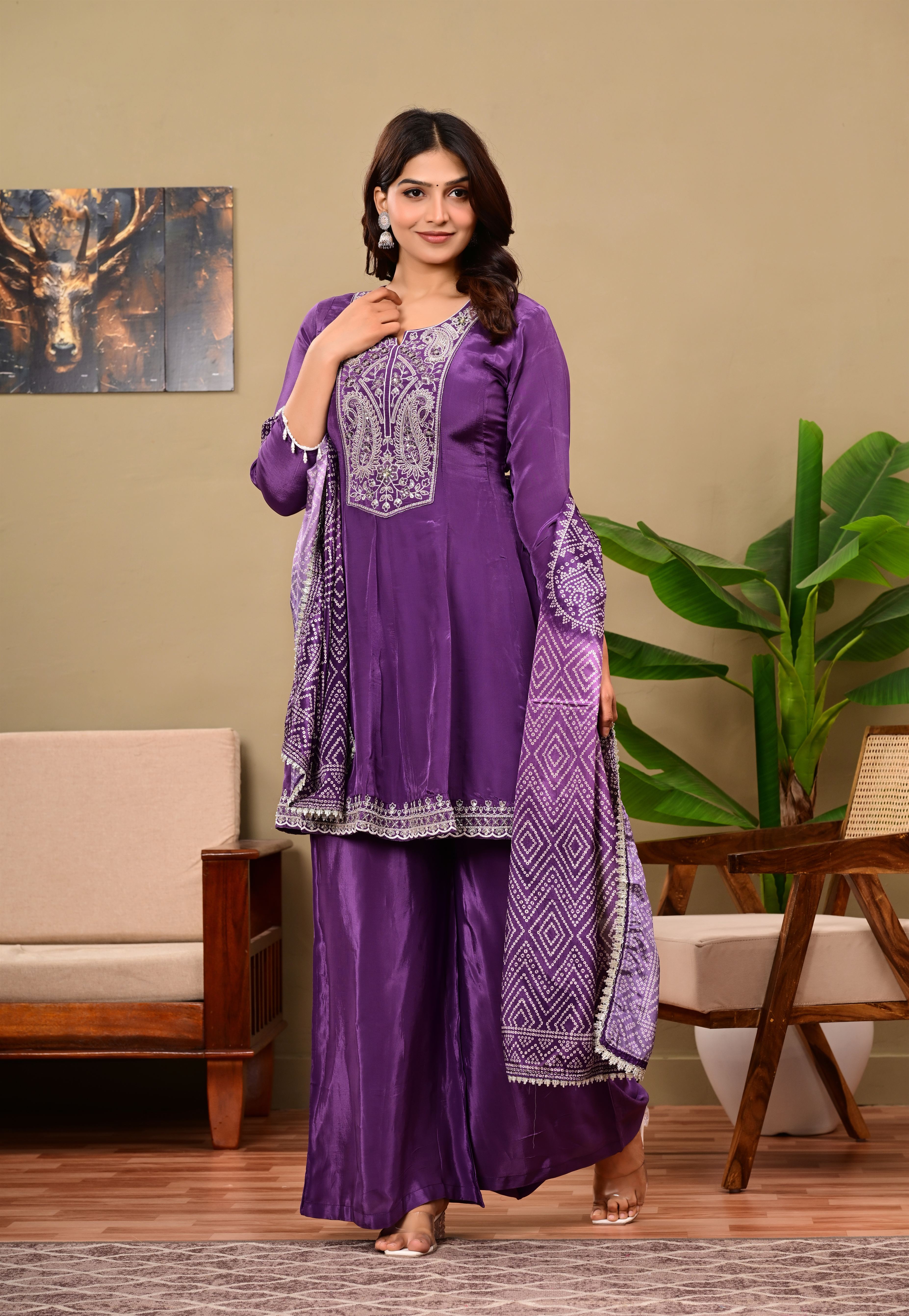 Puple Crepe suit set with neckwork detailing and bandhani dupatta