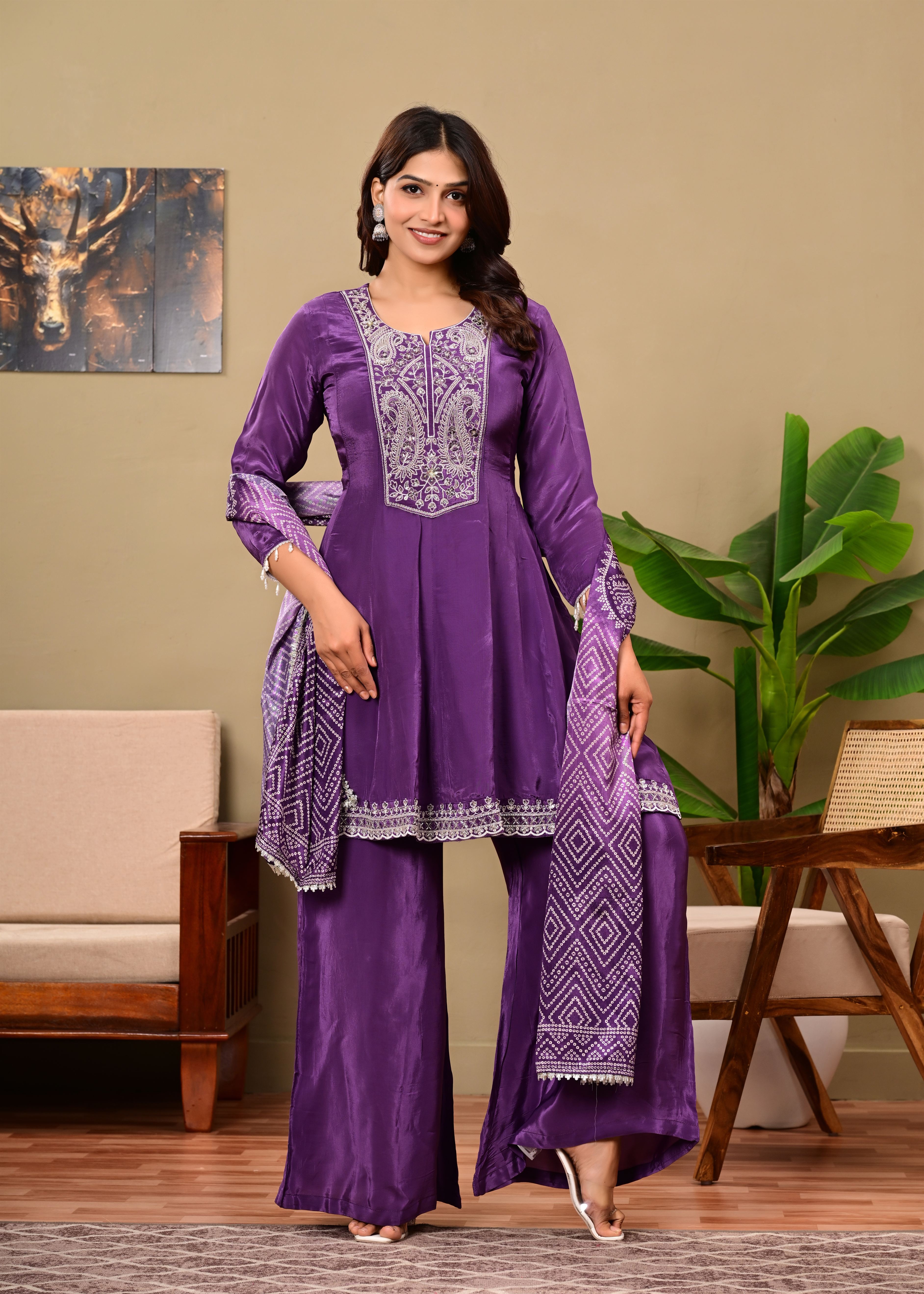 Puple Crepe suit set with neckwork detailing and bandhani dupatta