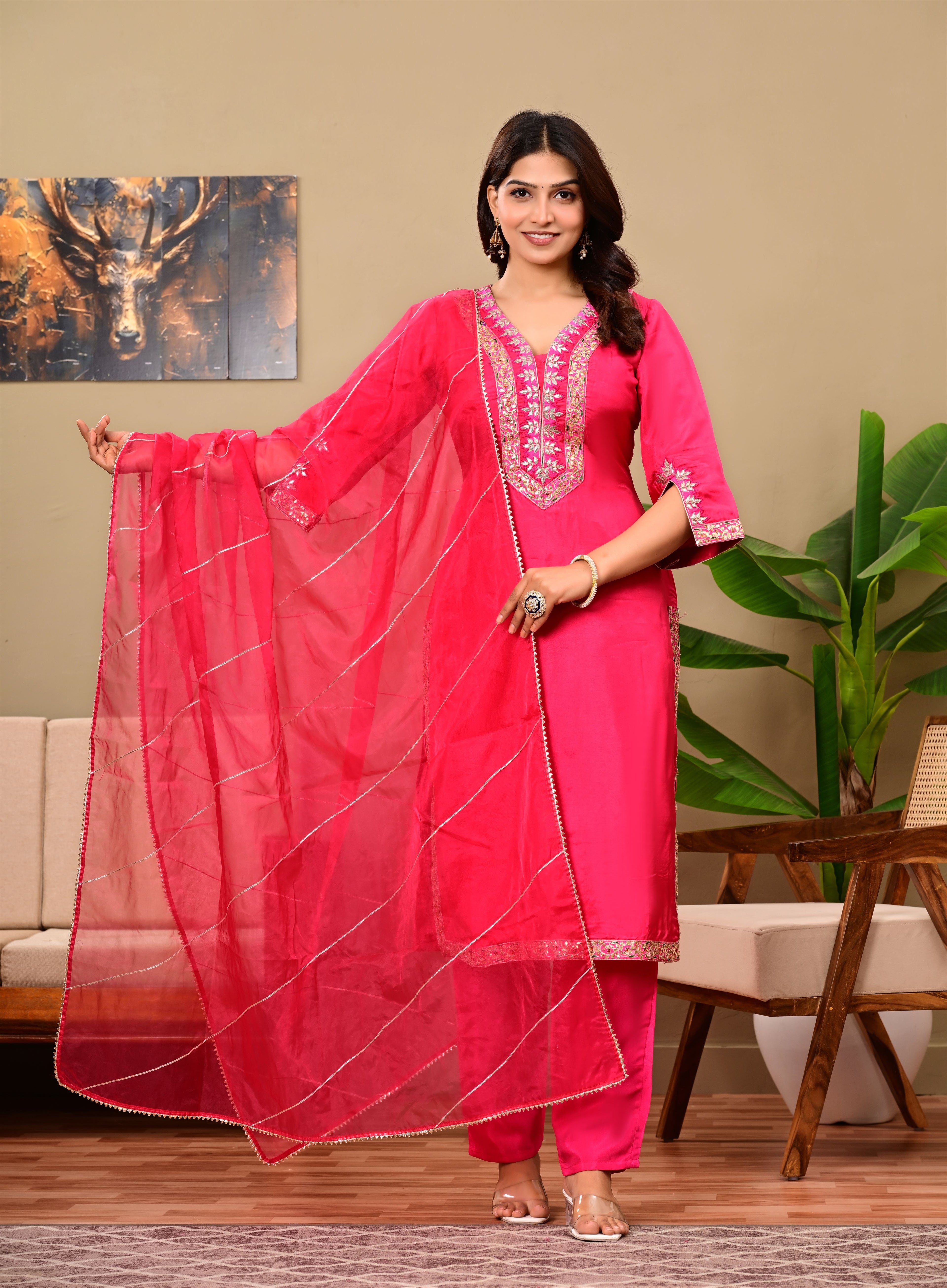 Silk suit with Lacework detailing on Neck and Sleeves with organza dupatta