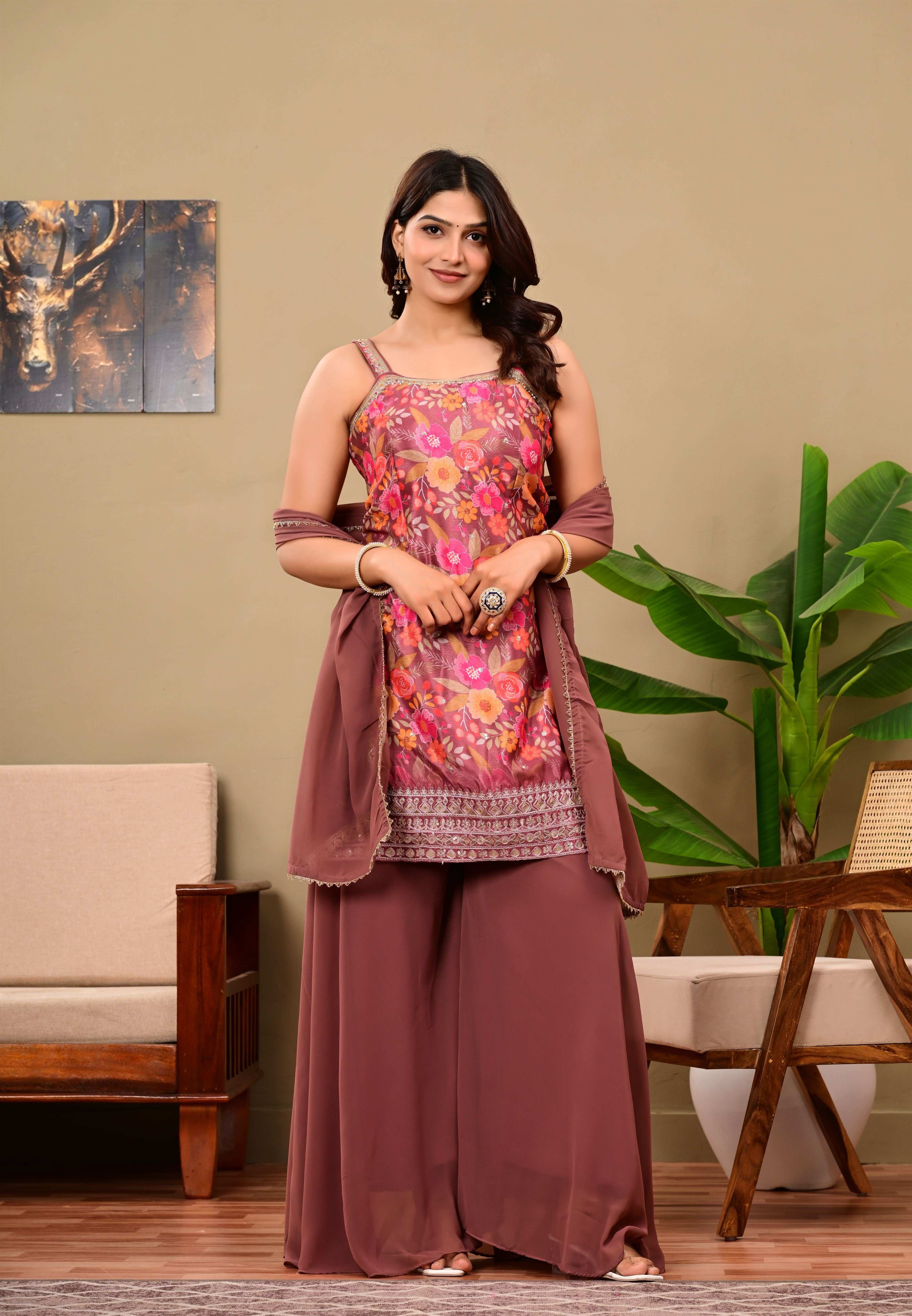 Brown Printed sleeveless suit set