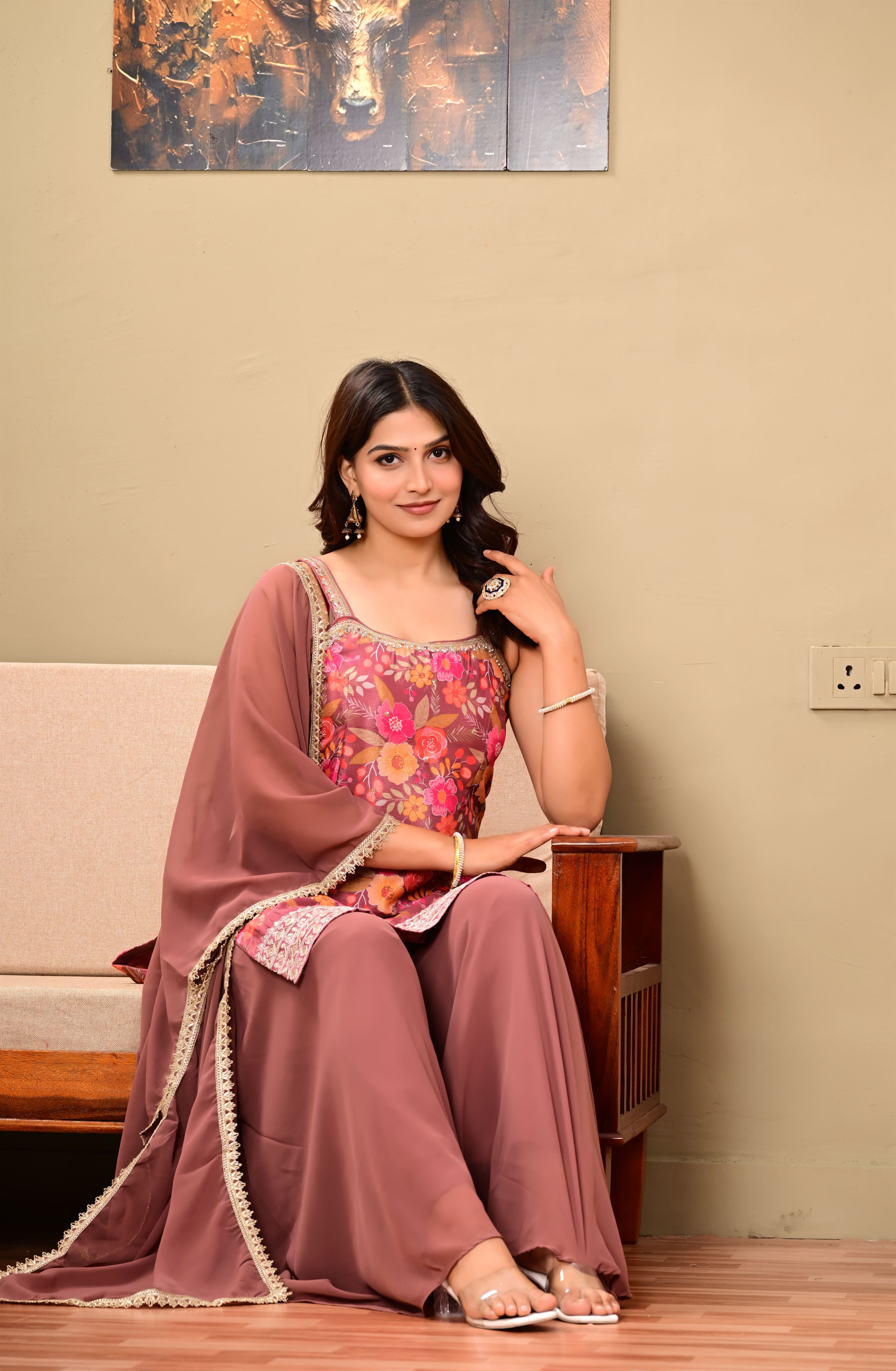 Brown Printed sleeveless suit set