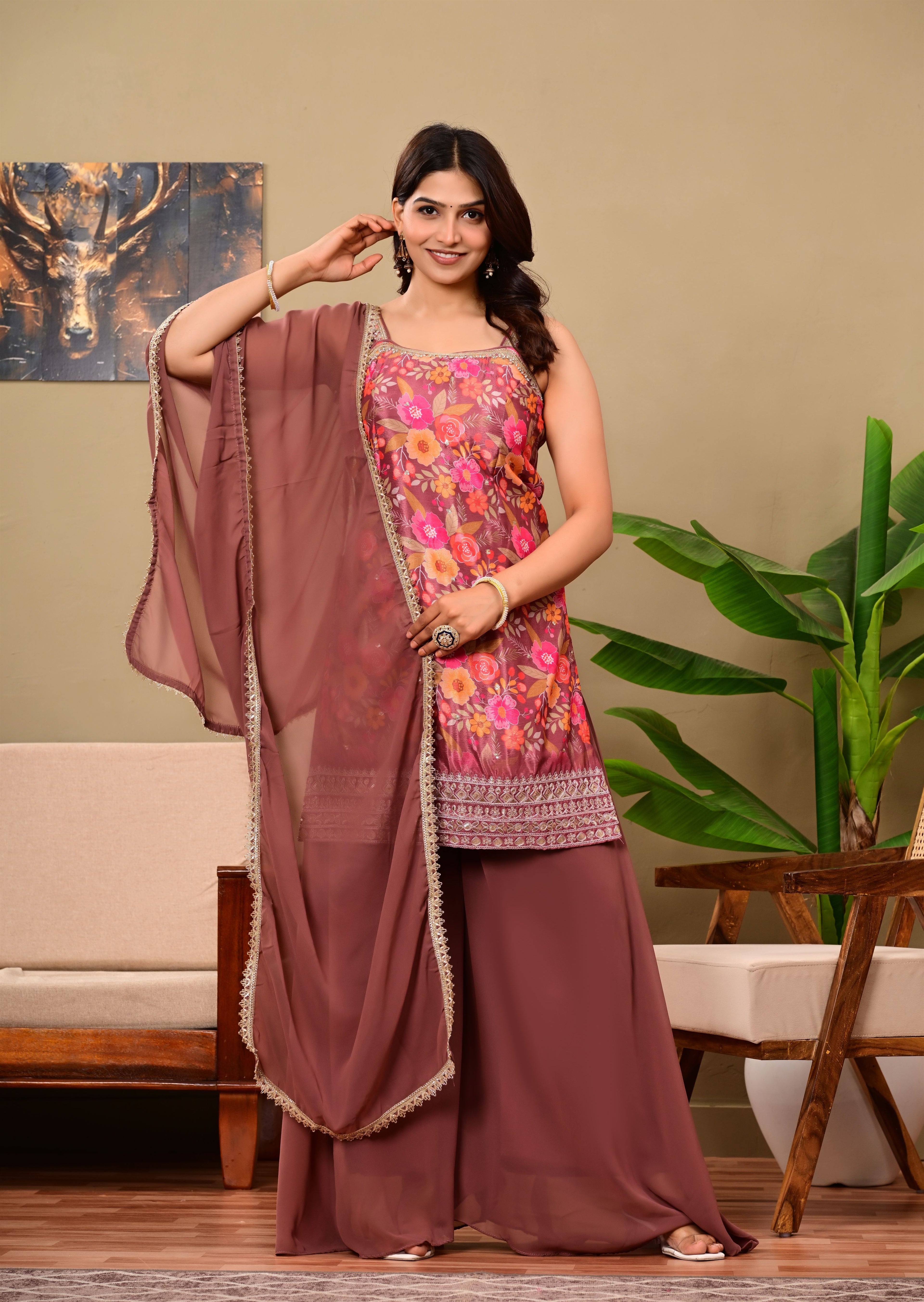 Brown Printed sleeveless suit set