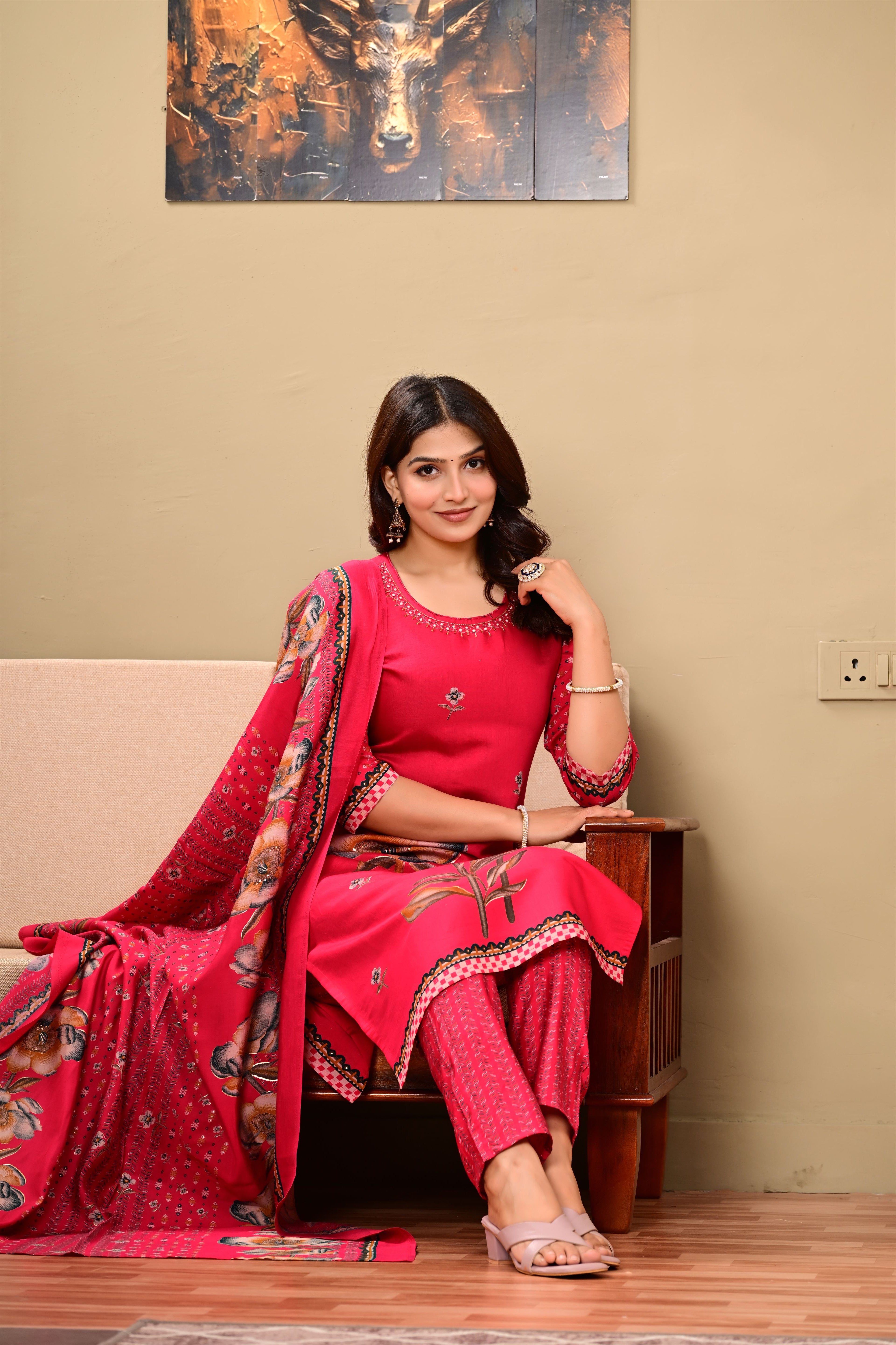 Adhaya Floral pink suit set with contrast dupatta