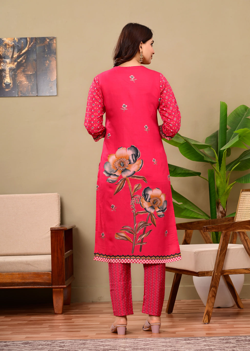 Adhaya Floral pink suit set with contrast dupatta