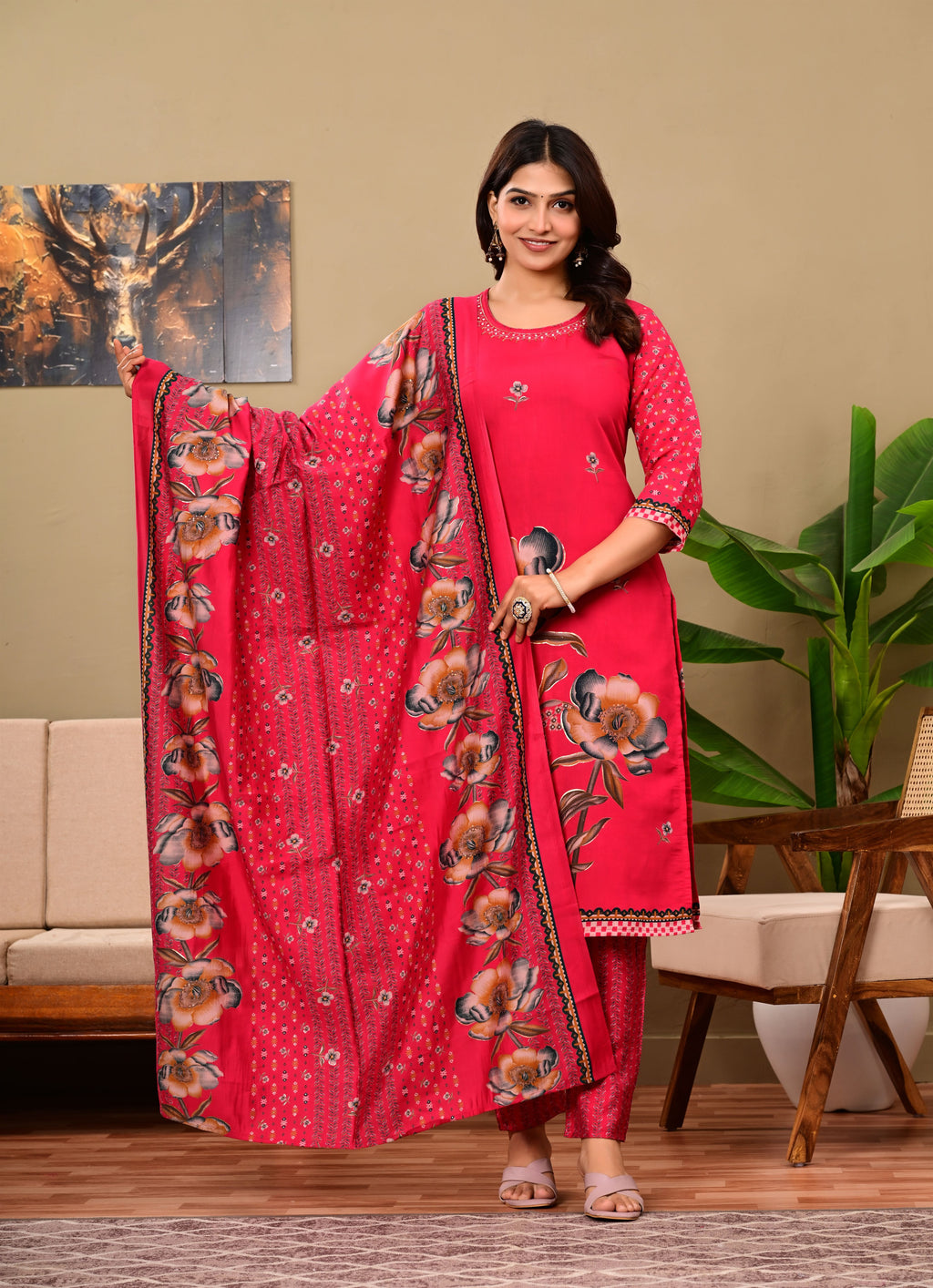 Adhaya Floral pink suit set with contrast dupatta