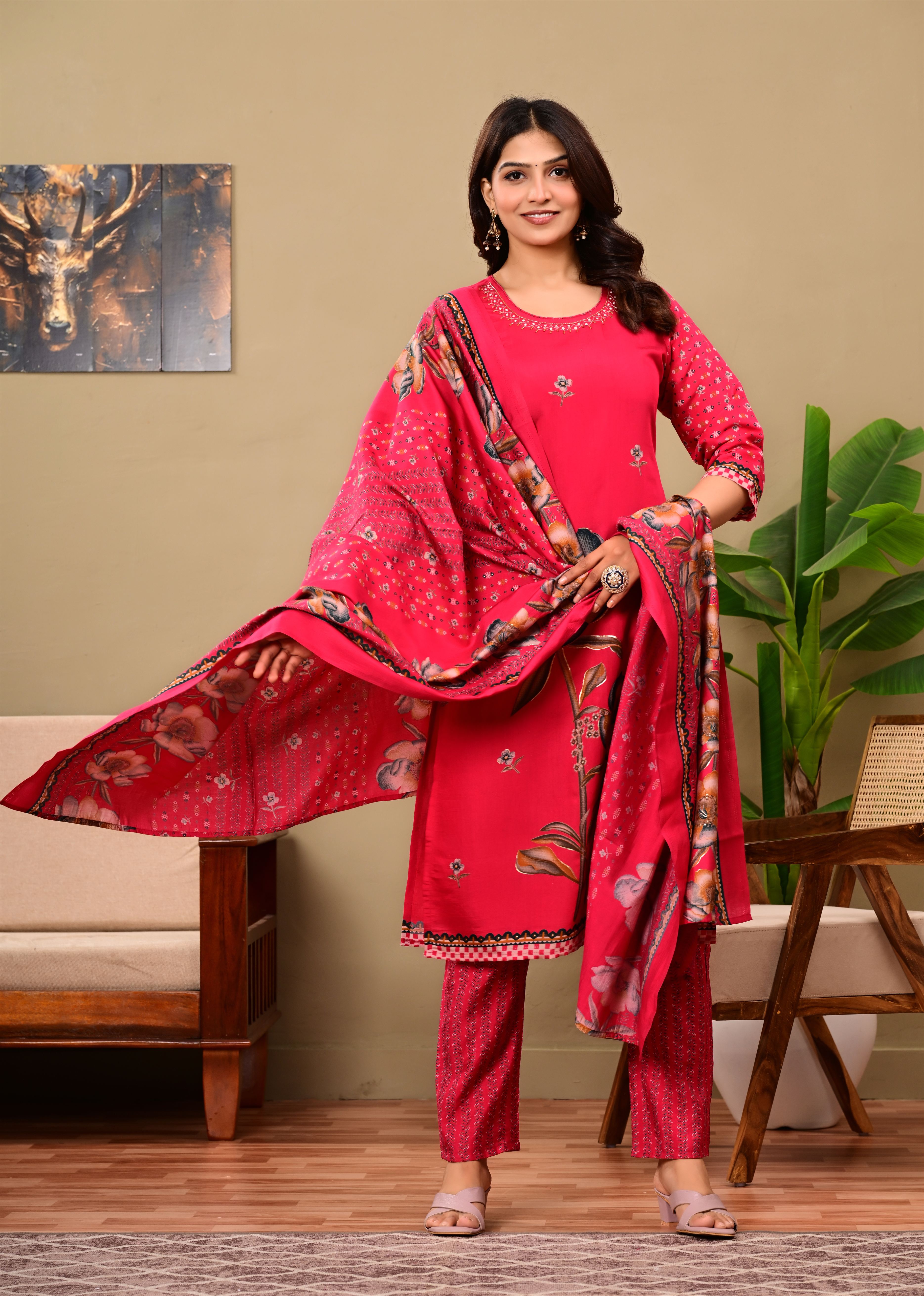Adhaya Floral pink suit set with contrast dupatta