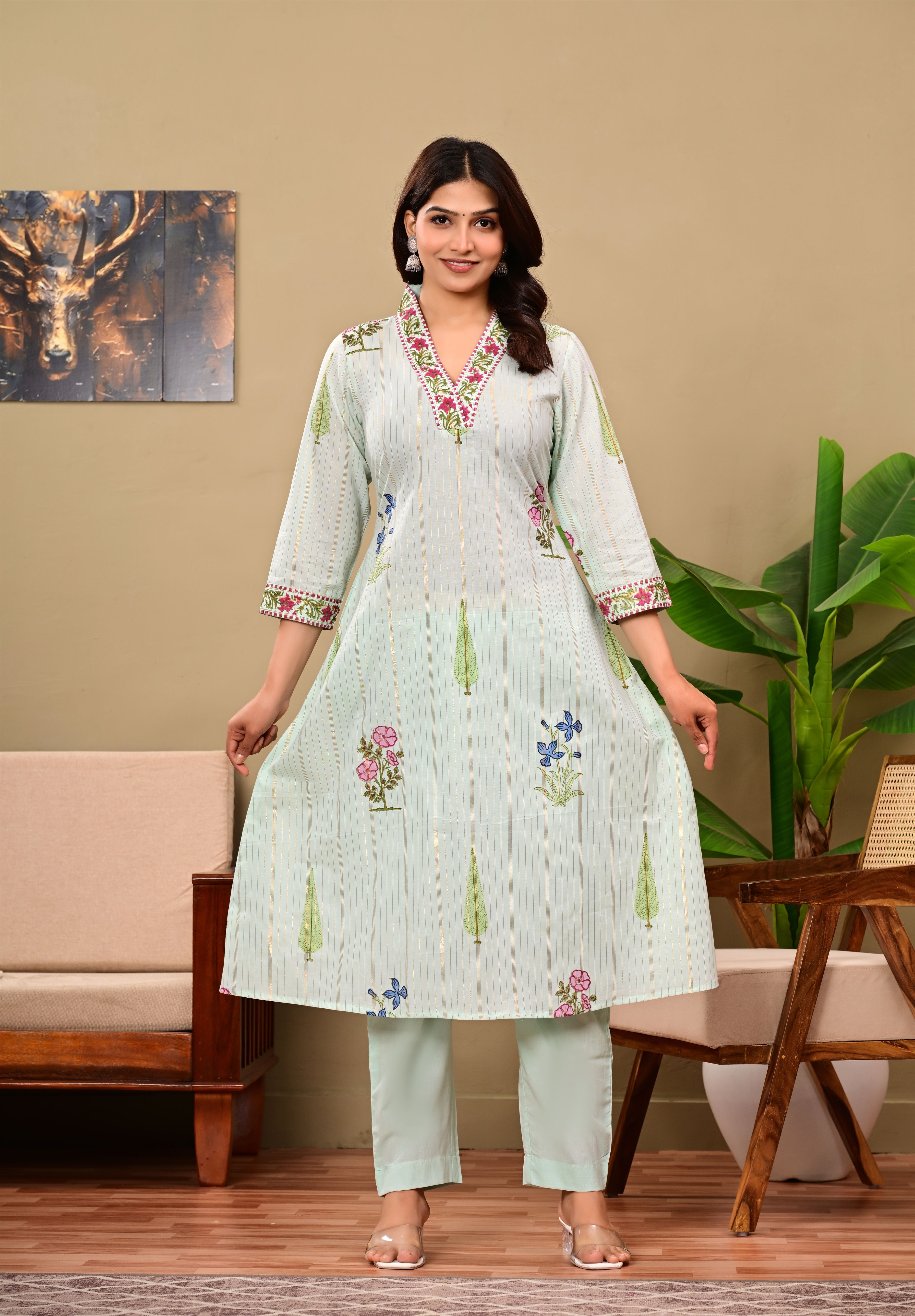 Chitra Blue Cotton Handblock suit set