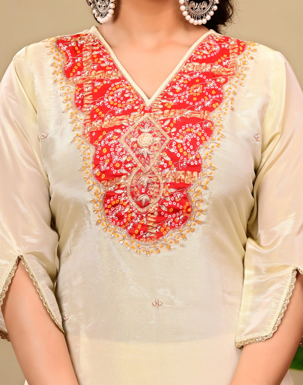 Beige suit with Jaipuri Bandhani dupatta