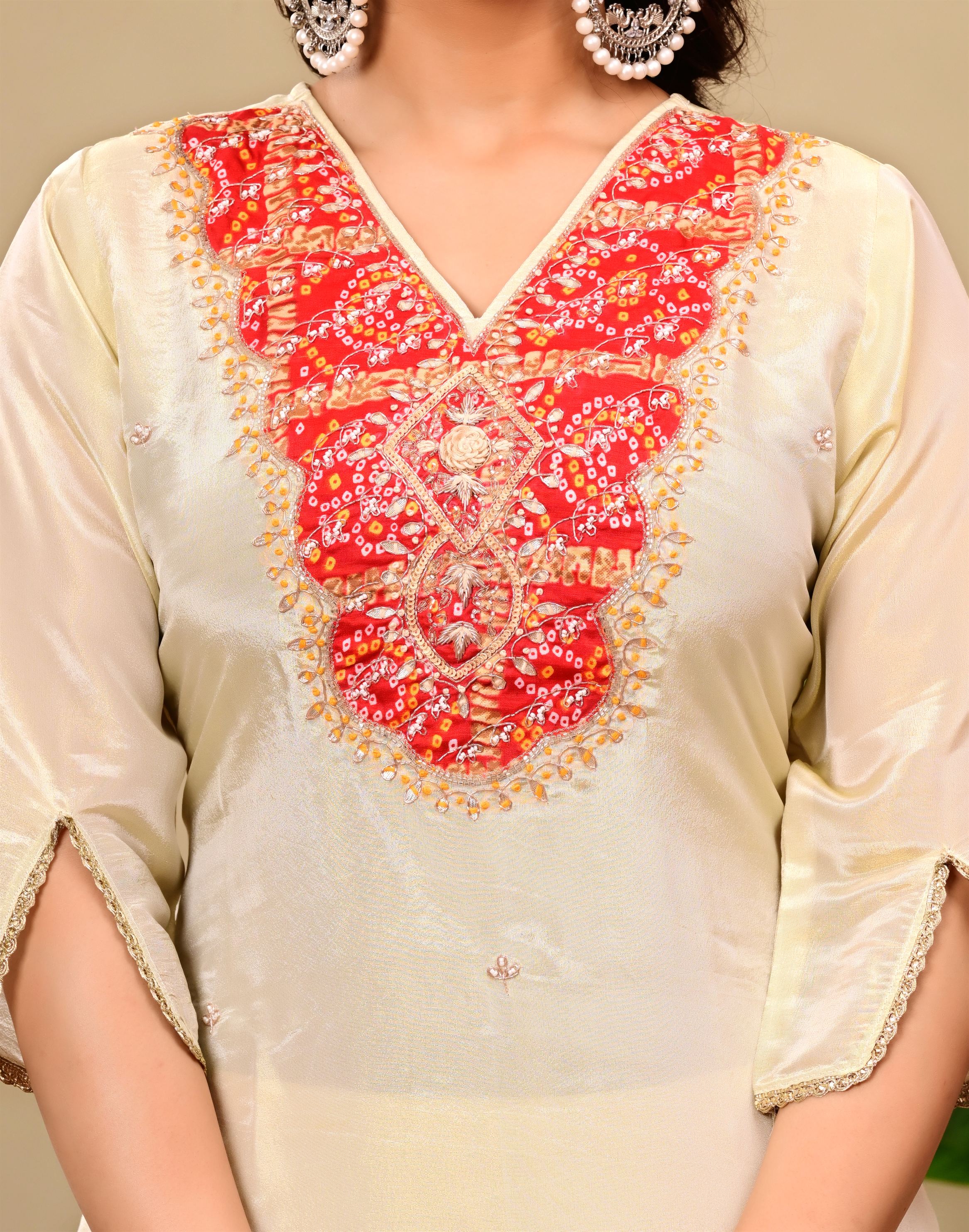 Beige suit with Jaipuri Bandhani dupatta