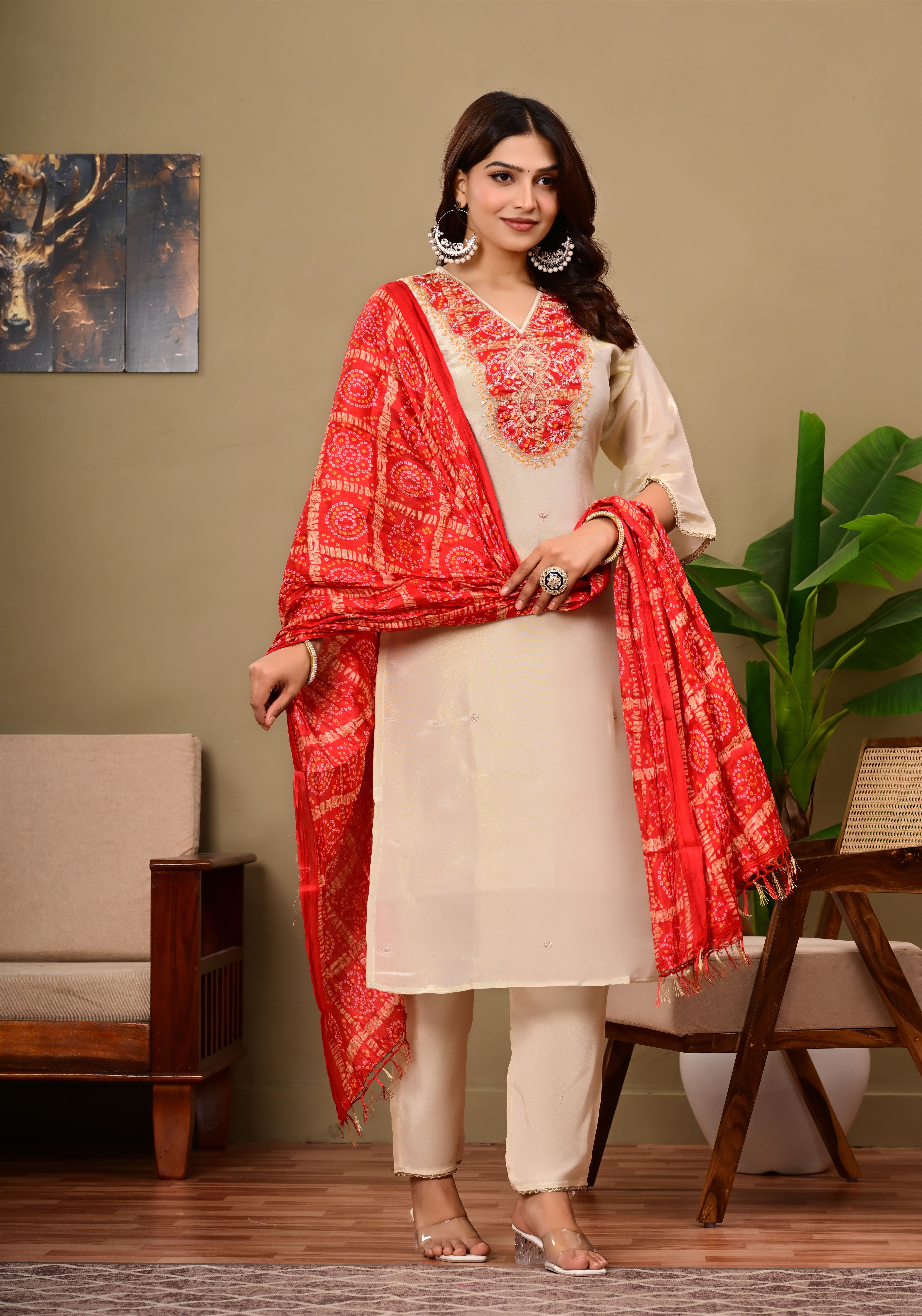 Beige suit with Jaipuri Bandhani dupatta