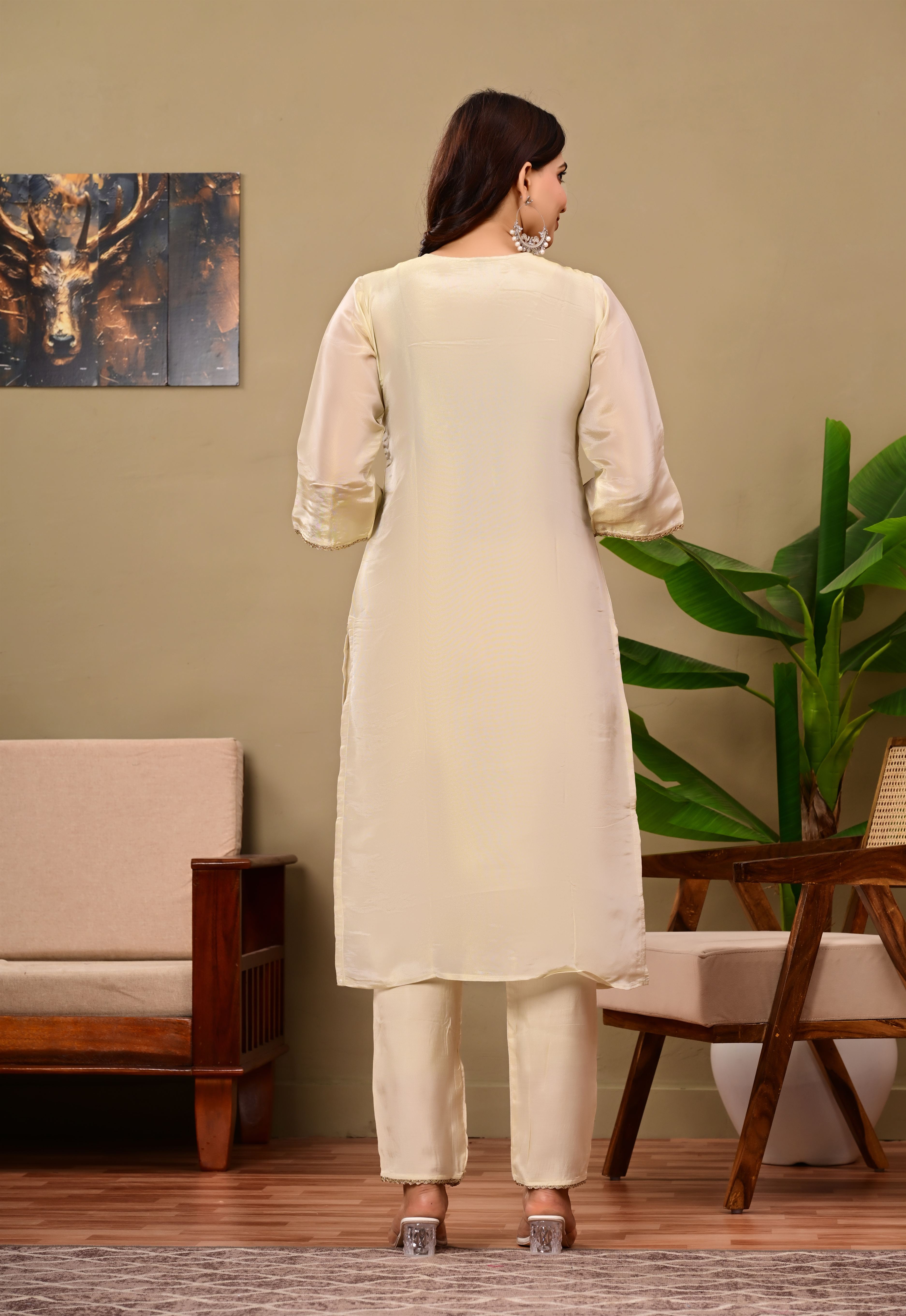 Beige suit with Jaipuri Bandhani dupatta