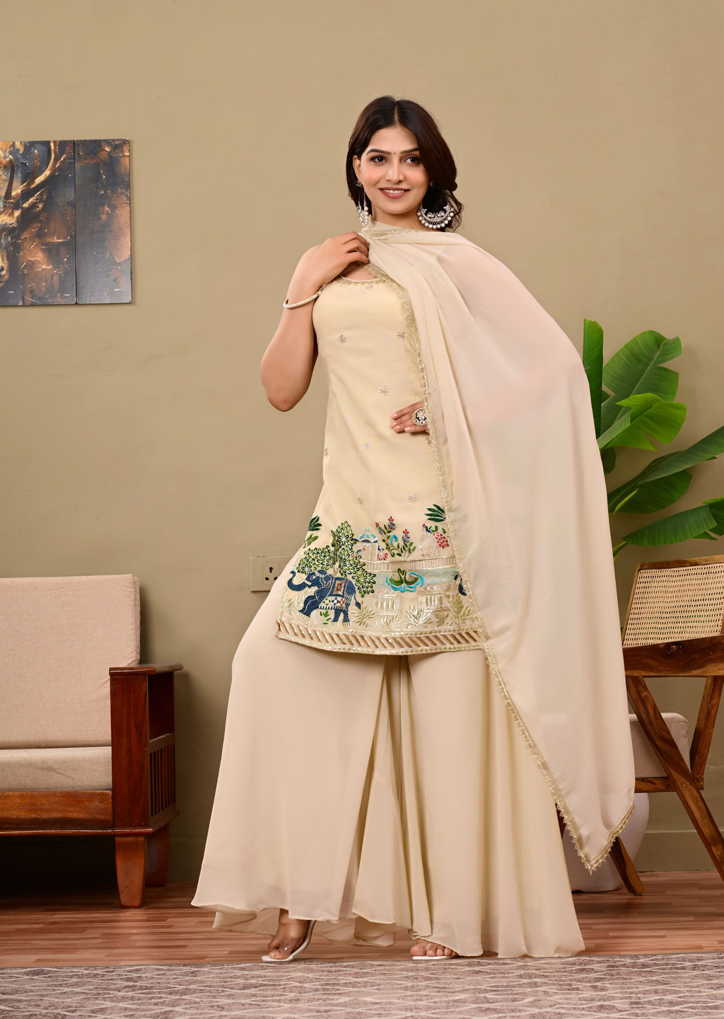 Beige Elephant Embroidered   sleeveless suit set