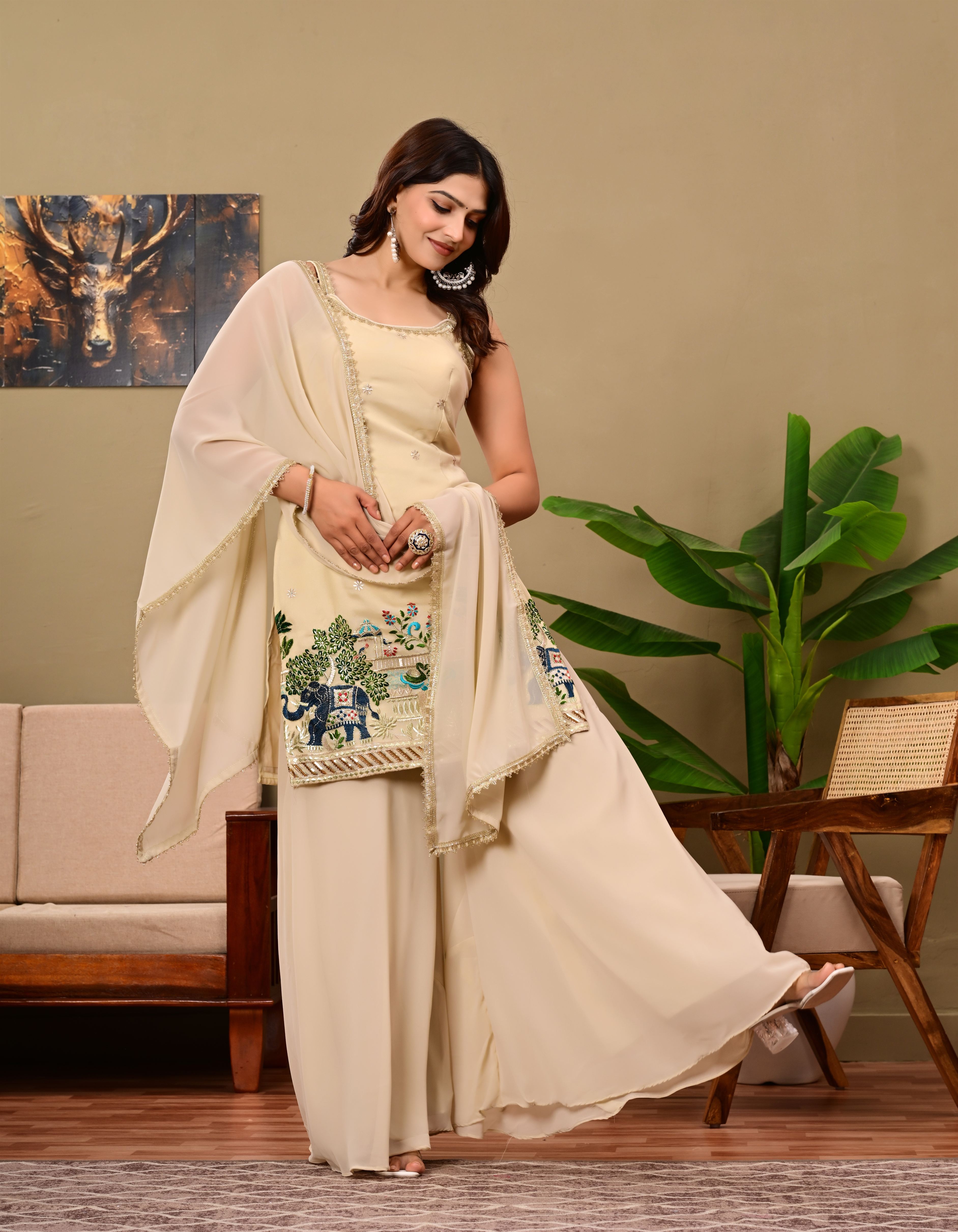Beige Elephant Embroidered   sleeveless suit set
