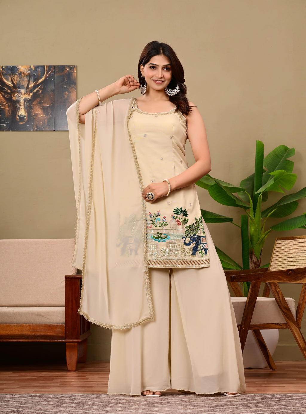 Beige Elephant Embroidered   sleeveless suit set
