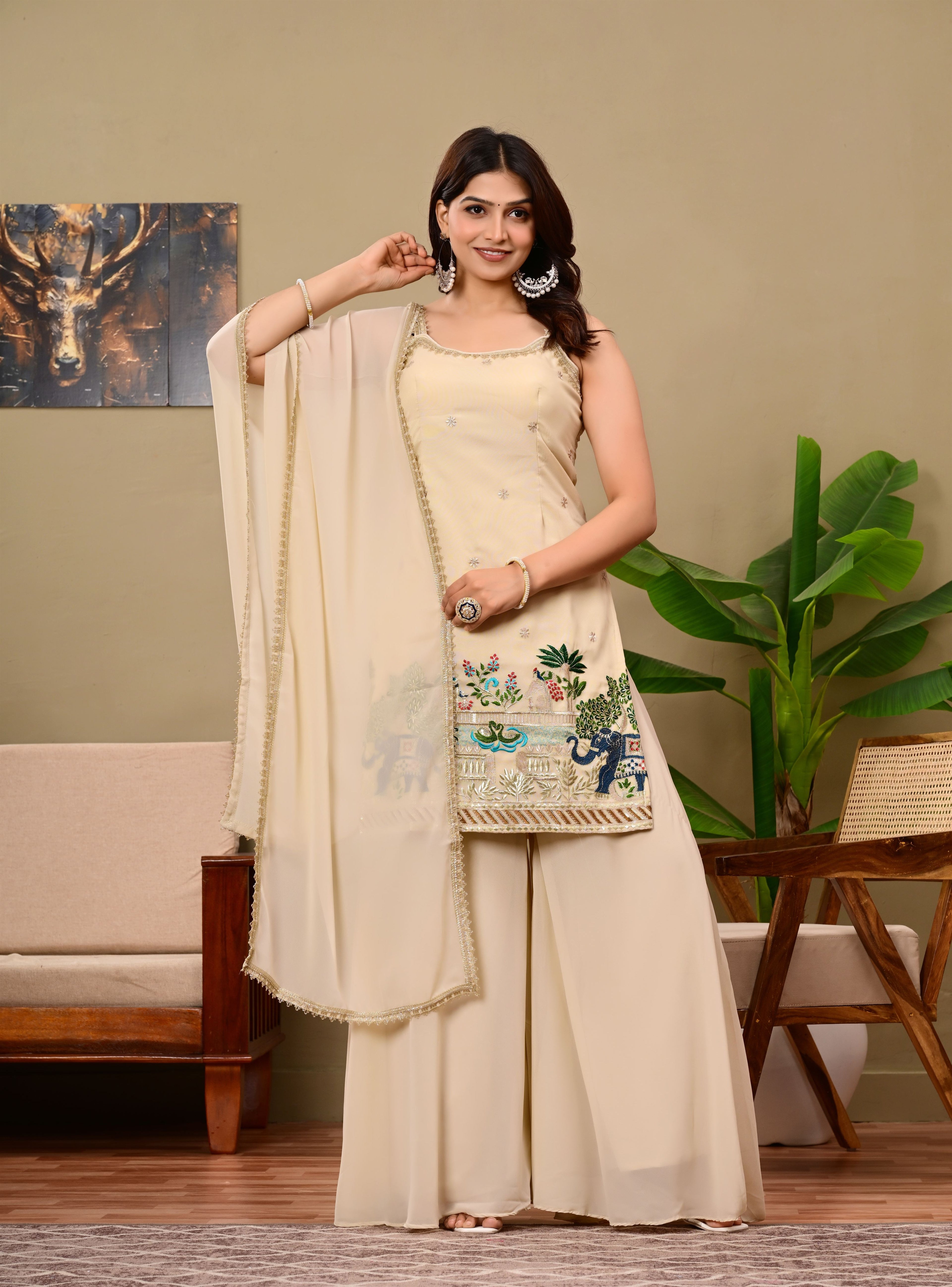 Beige Elephant Embroidered   sleeveless suit set