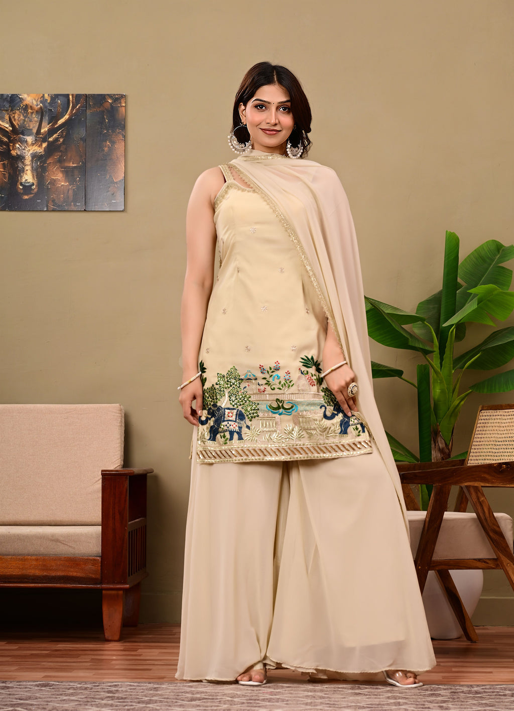 Beige Elephant Embroidered   sleeveless suit set