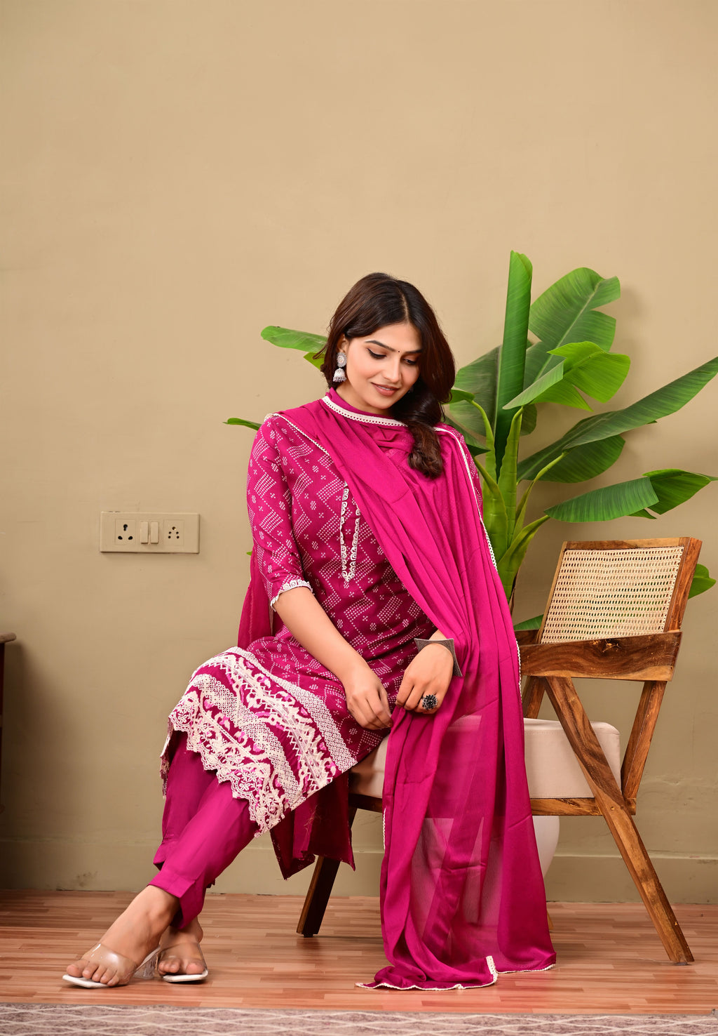 Pink cotton suit set with white lace work