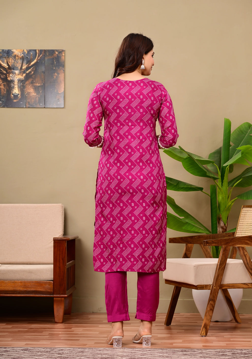 Pink cotton suit set with white lace work