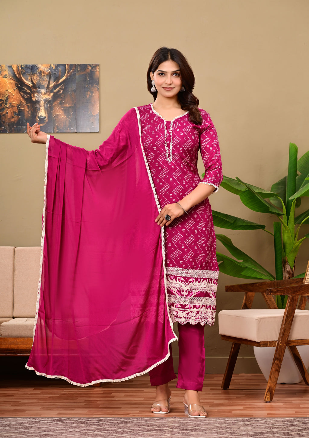 Pink cotton suit set with white lace work