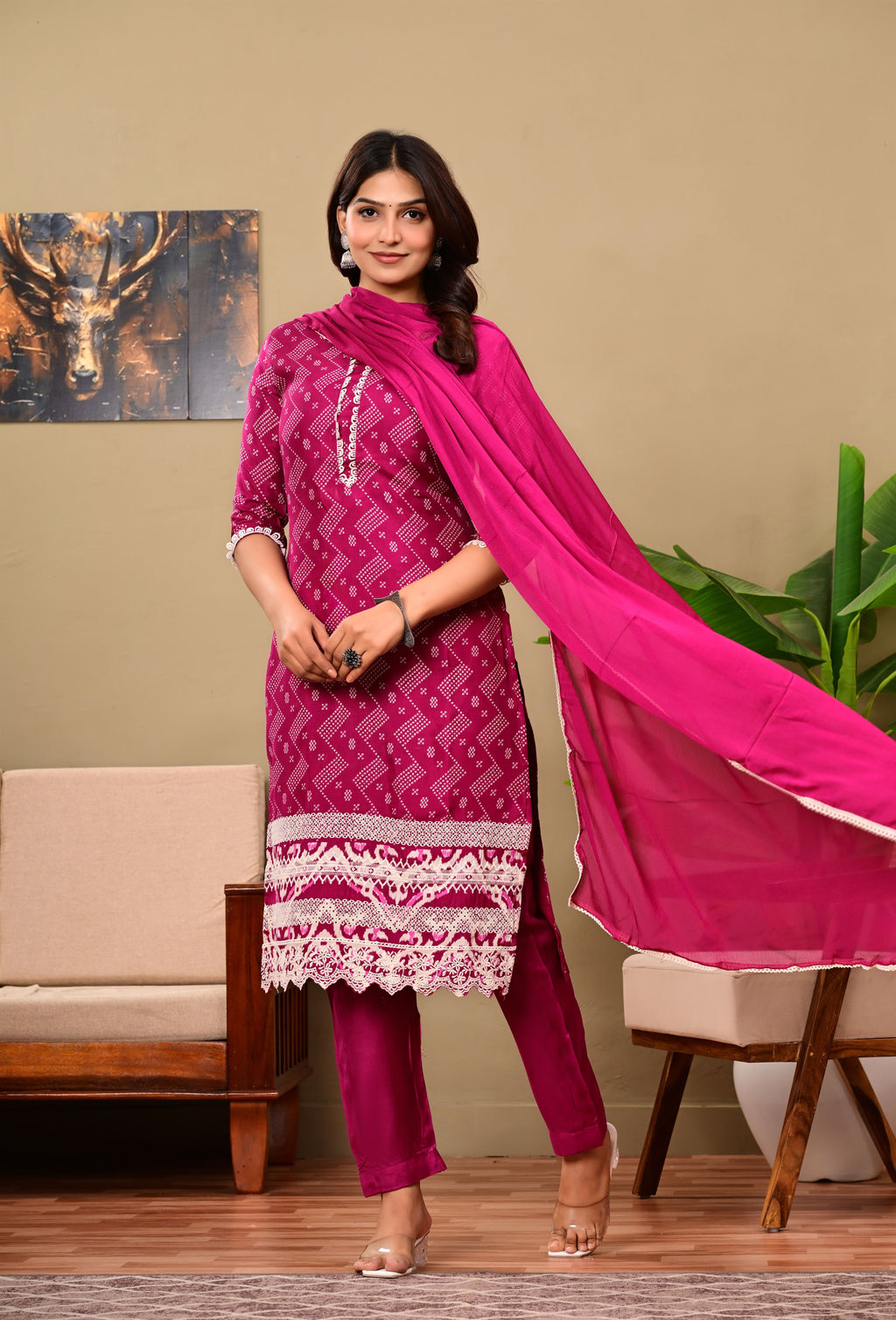 Pink cotton suit set with white lace work