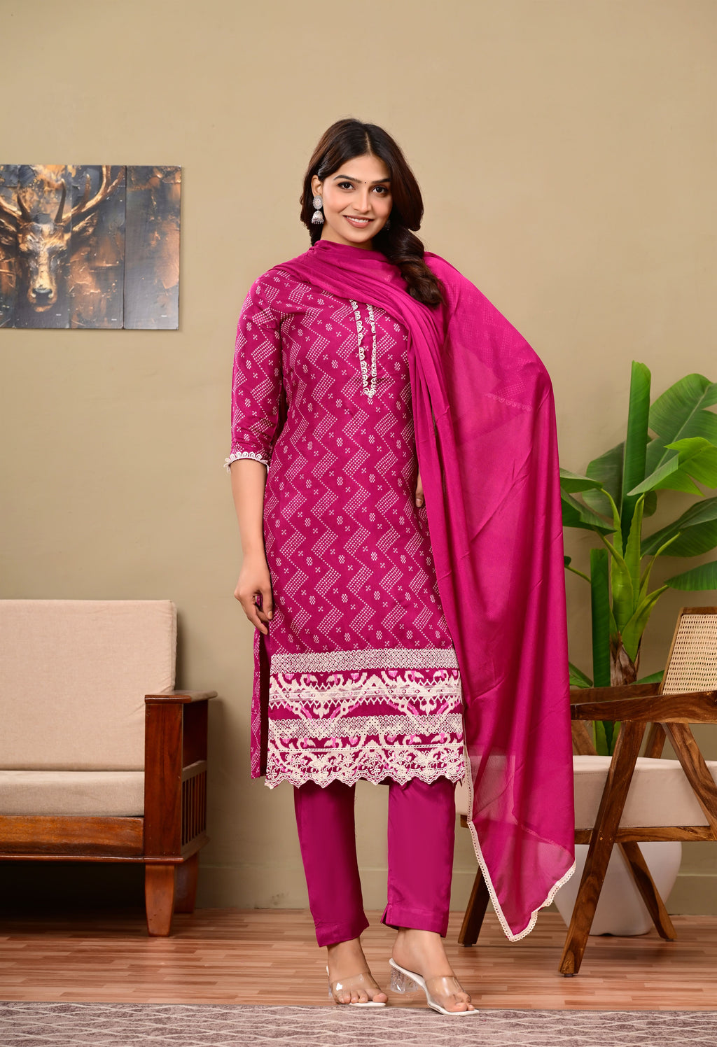 Pink cotton suit set with white lace work