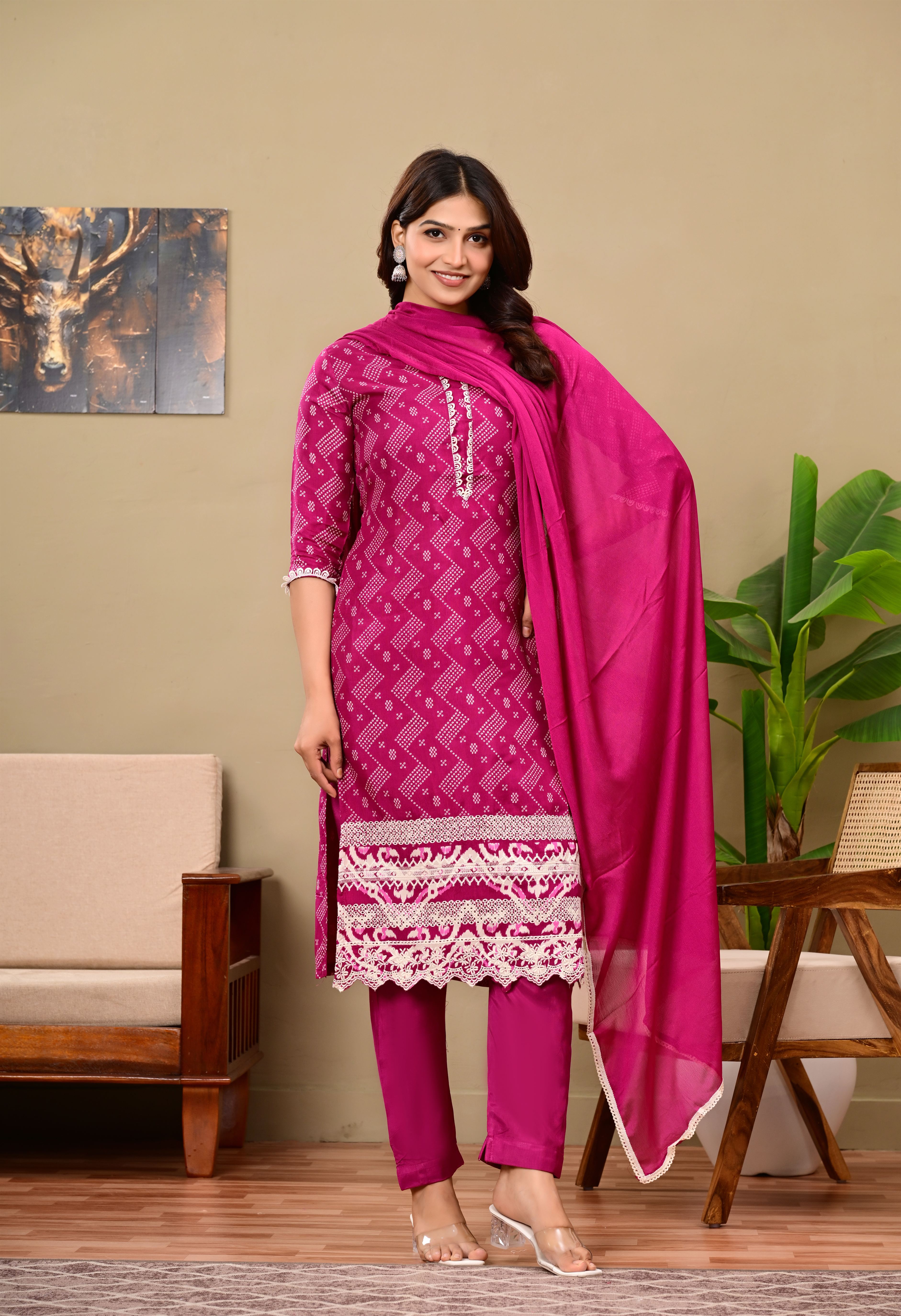 Pink cotton suit set with white lace work