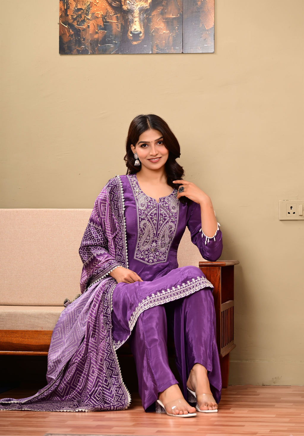 Puple Crepe suit set with neckwork detailing and bandhani dupatta