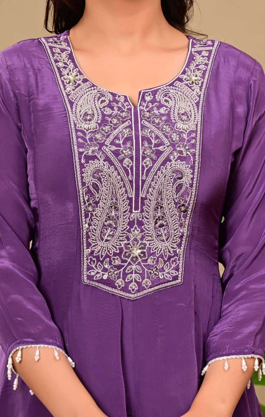 Puple Crepe suit set with neckwork detailing and bandhani dupatta