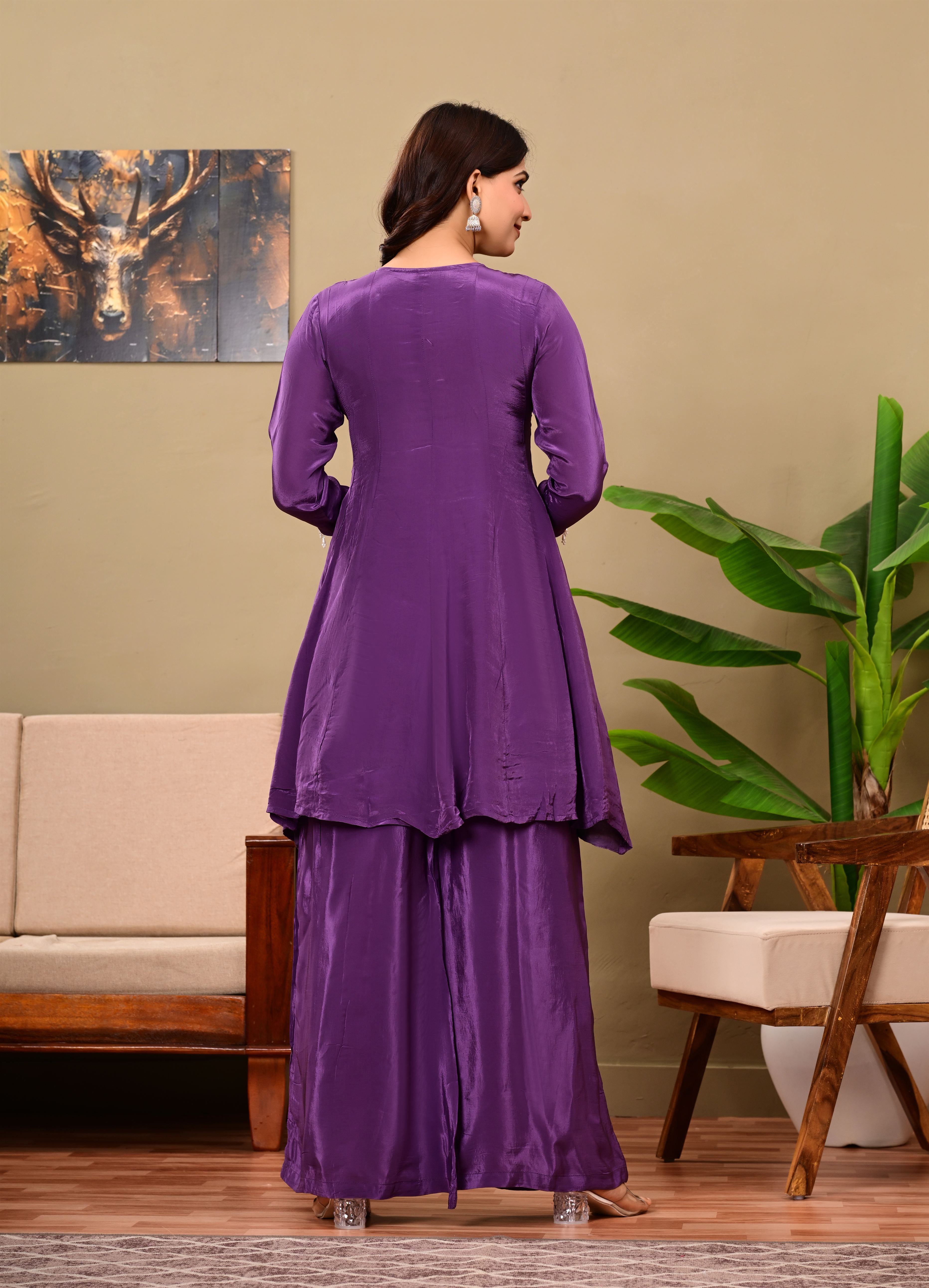 Puple Crepe suit set with neckwork detailing and bandhani dupatta