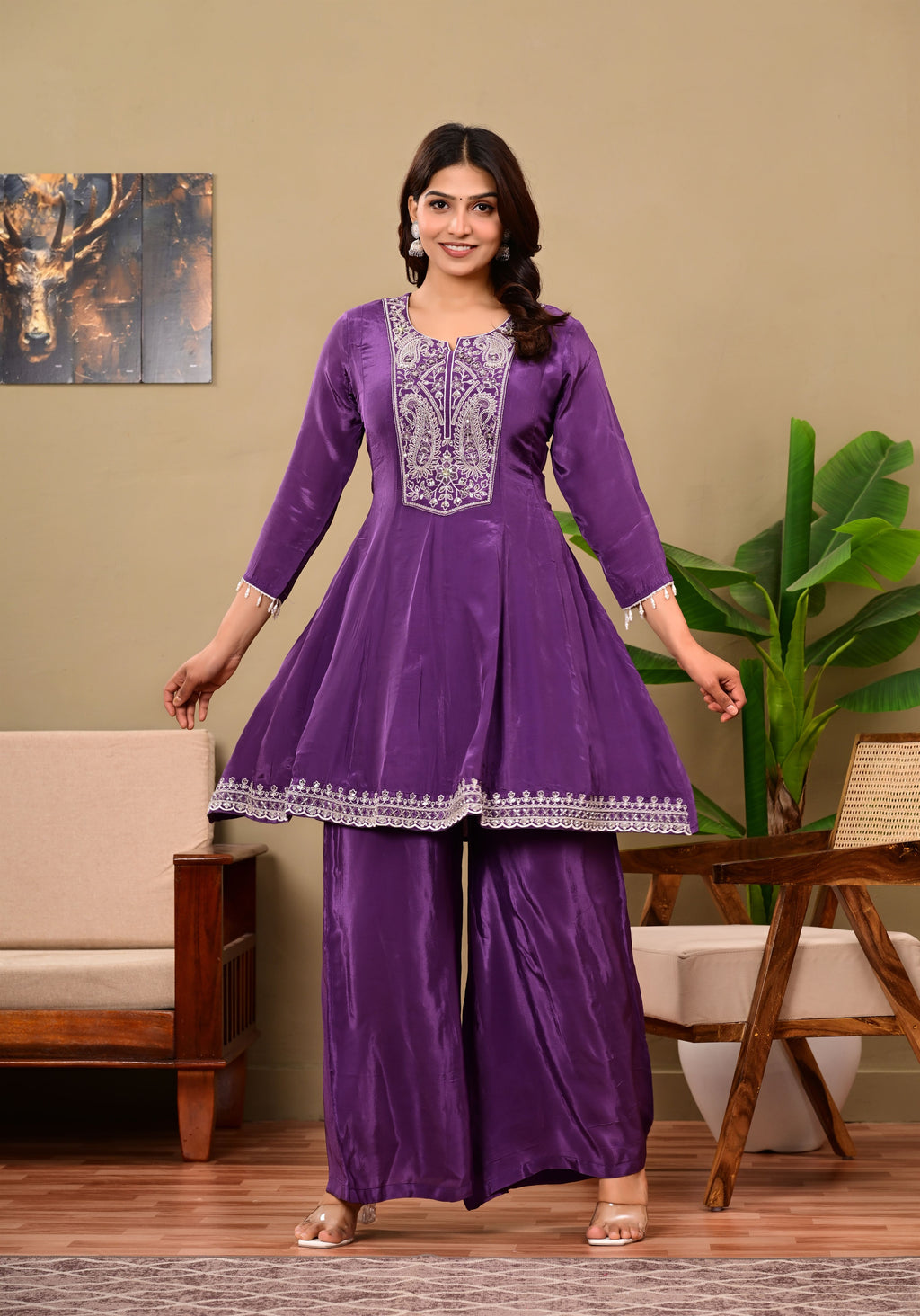 Puple Crepe suit set with neckwork detailing and bandhani dupatta