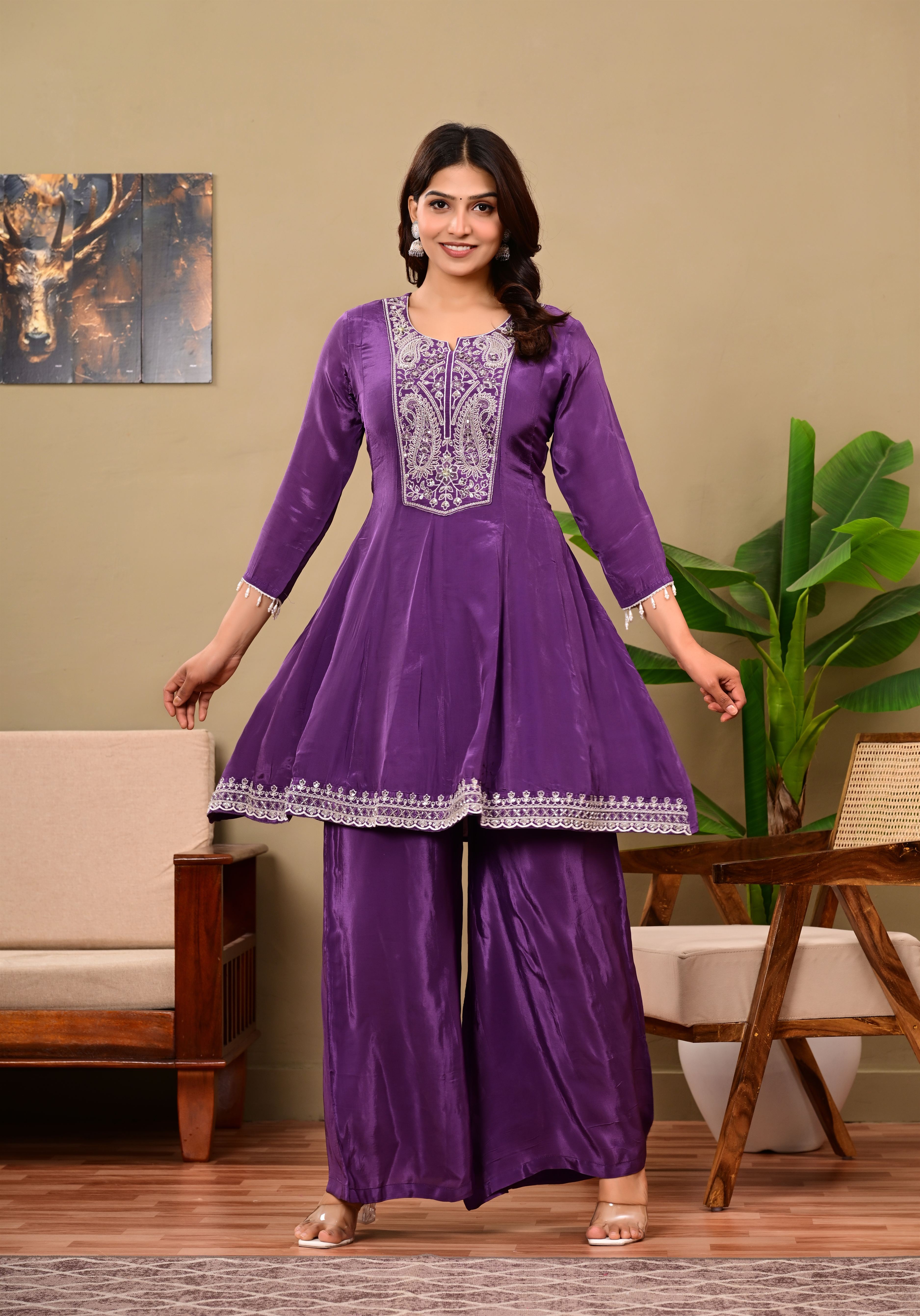 Puple Crepe suit set with neckwork detailing and bandhani dupatta