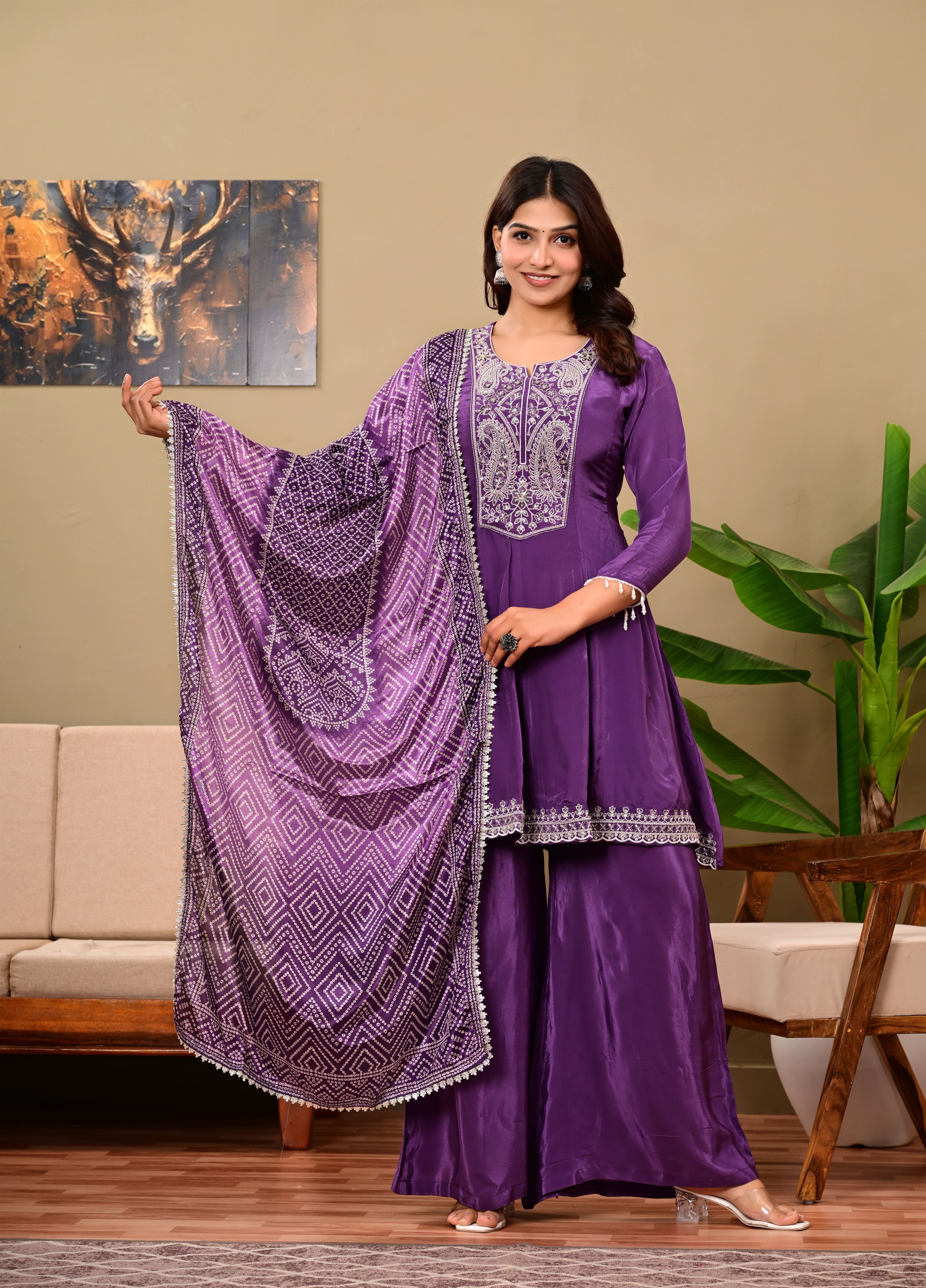 Puple Crepe suit set with neckwork detailing and bandhani dupatta