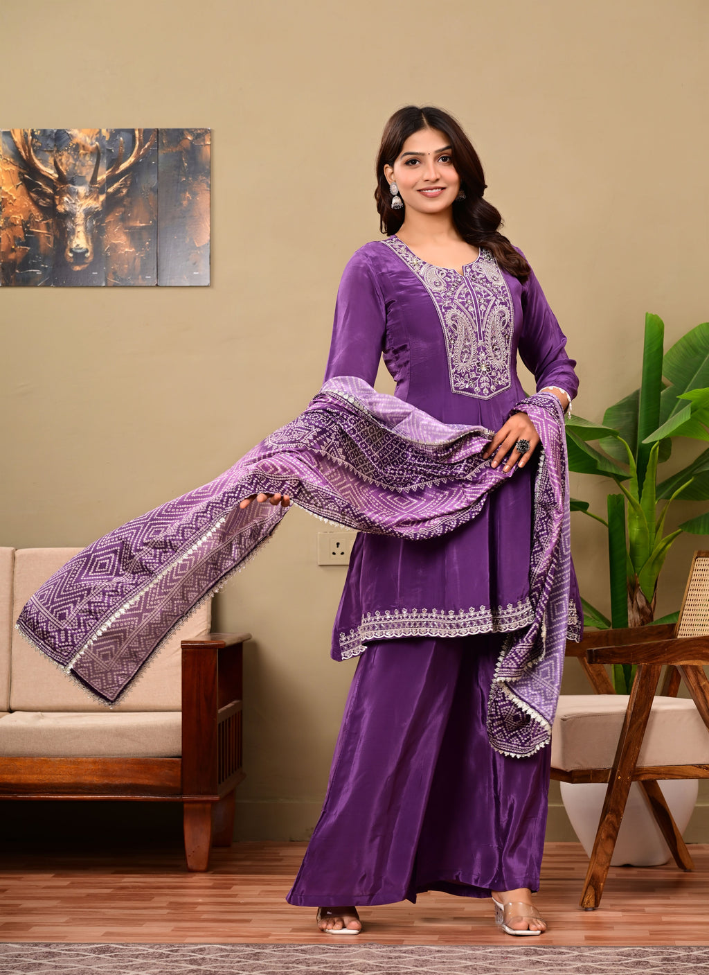 Puple Crepe suit set with neckwork detailing and bandhani dupatta