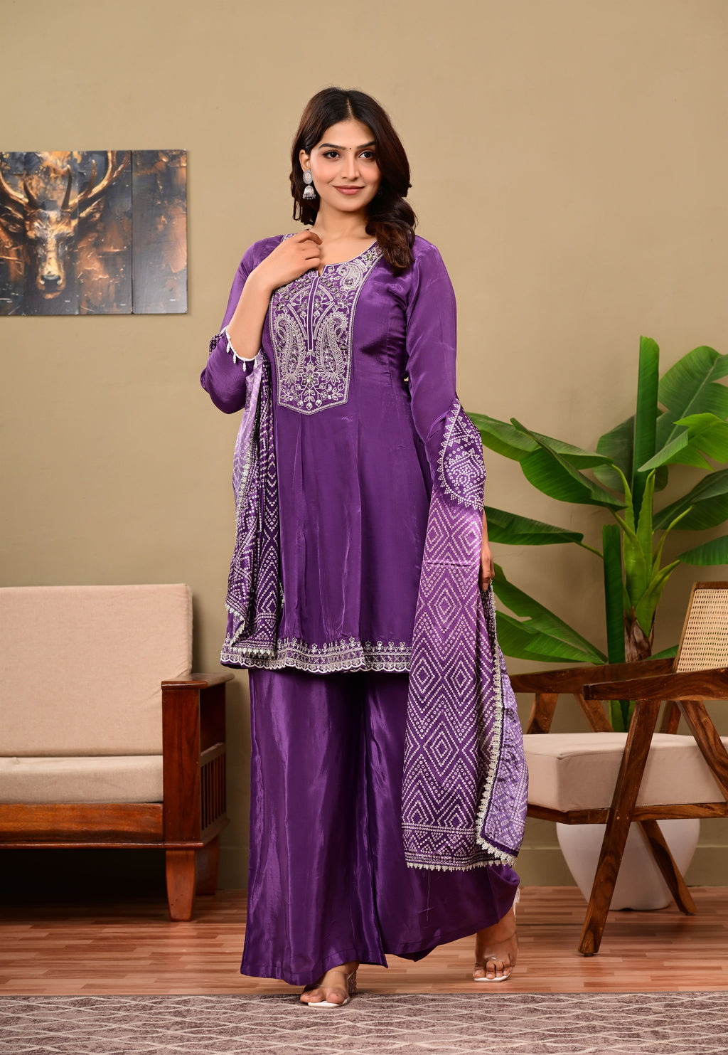 Puple Crepe suit set with neckwork detailing and bandhani dupatta