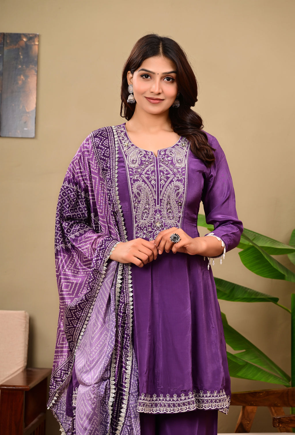 Puple Crepe suit set with neckwork detailing and bandhani dupatta