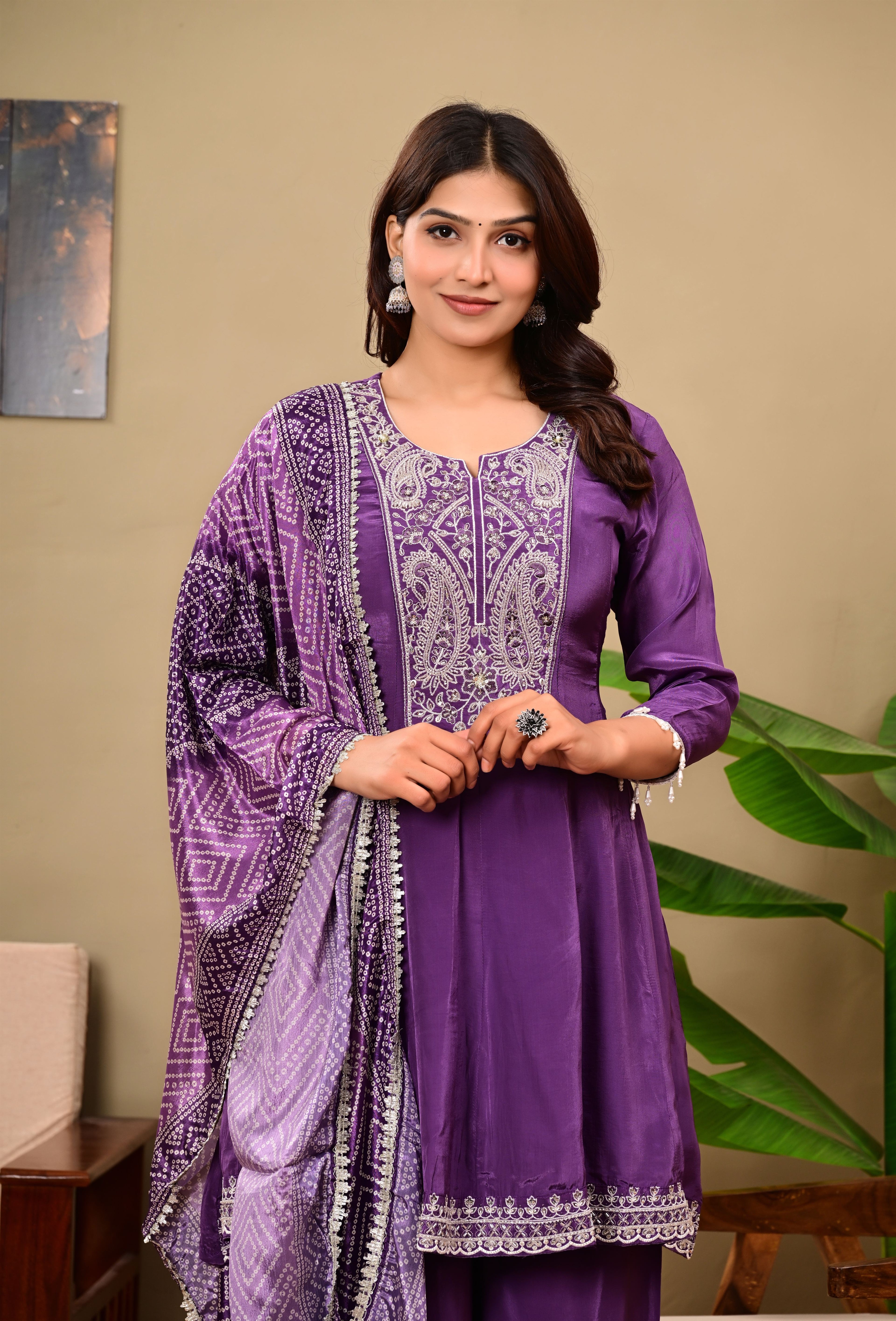 Puple Crepe suit set with neckwork detailing and bandhani dupatta