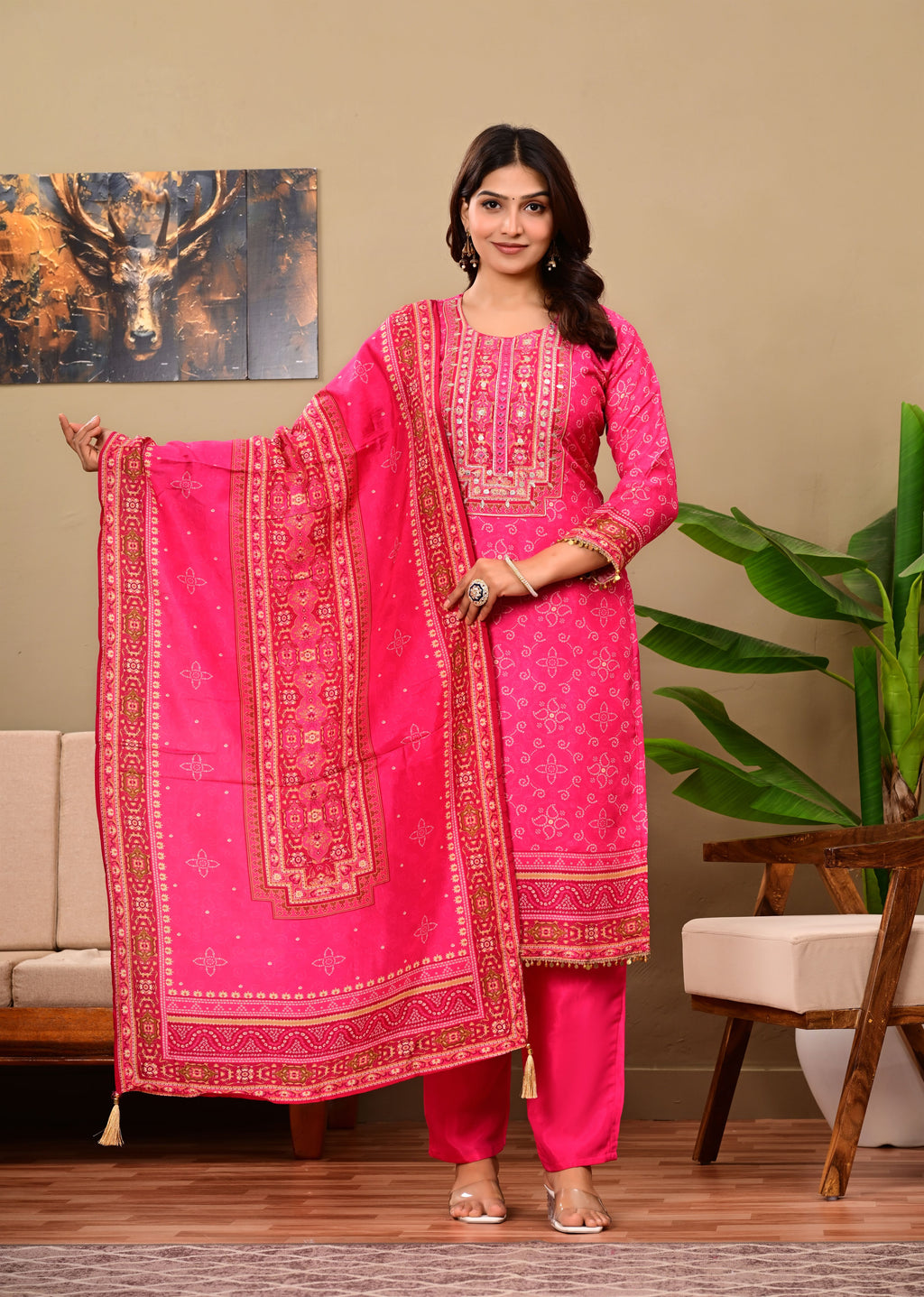 Pink Crepe suit set with neck work detailing